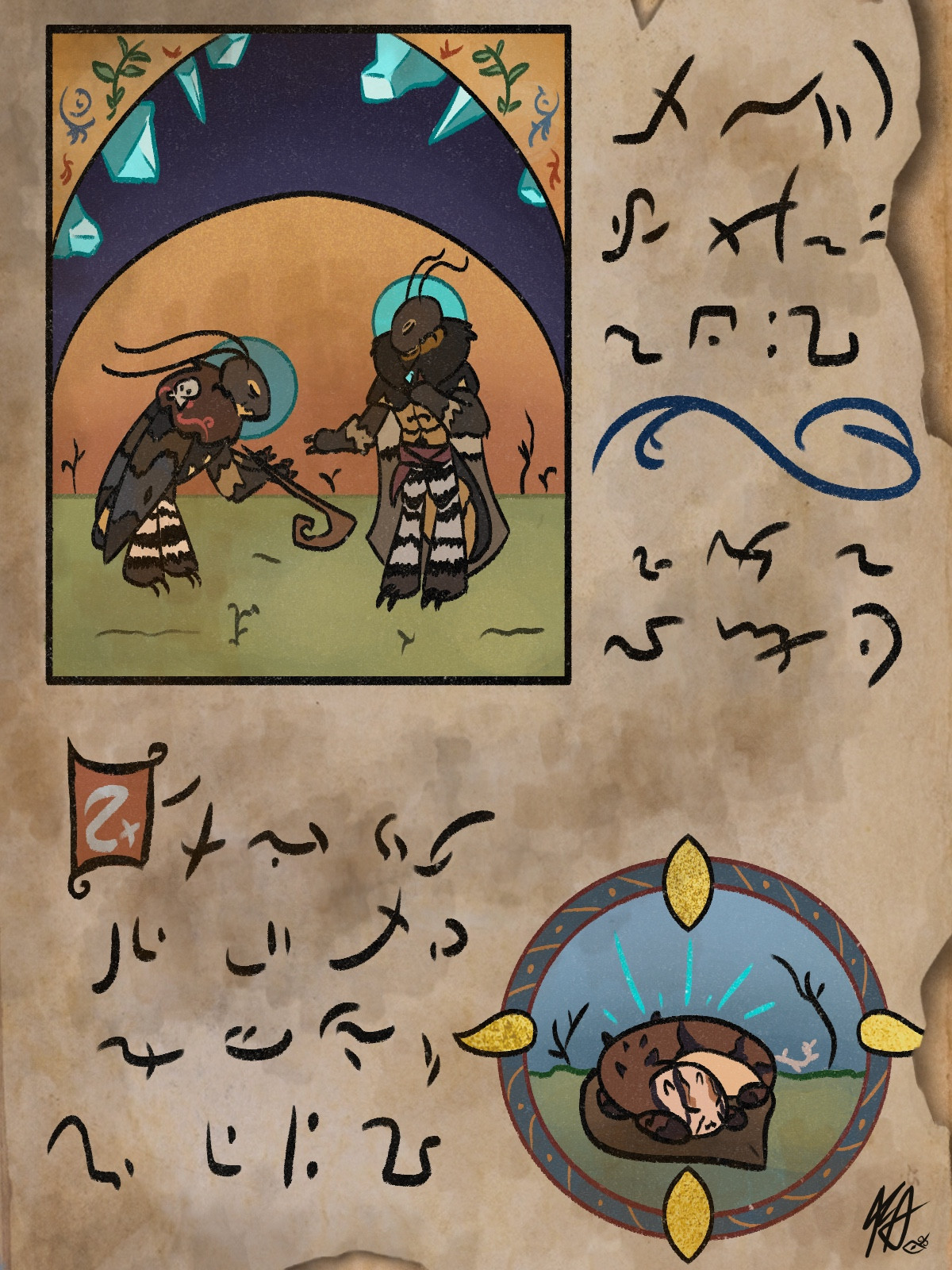 A digital artwork that's been made to appear like a weathered page from an illuminated manuscript. Text that mimics the writing seen used to indicate Bugnish is on the page, along with two illustrations. 

One shows a scene of an older moth handing a staff to a younger moth. Both have circle haloes behind their heads, with the one to the older moth being a dull blue and the younger moth having a brighter blue. The two appear to be standing outside during either sunrise or sunset, and the darker part of the sky is accented by large blue crystals.

The other illustration is smaller, and shows a small brown caterpillar curled up and sleeping on a leaf.