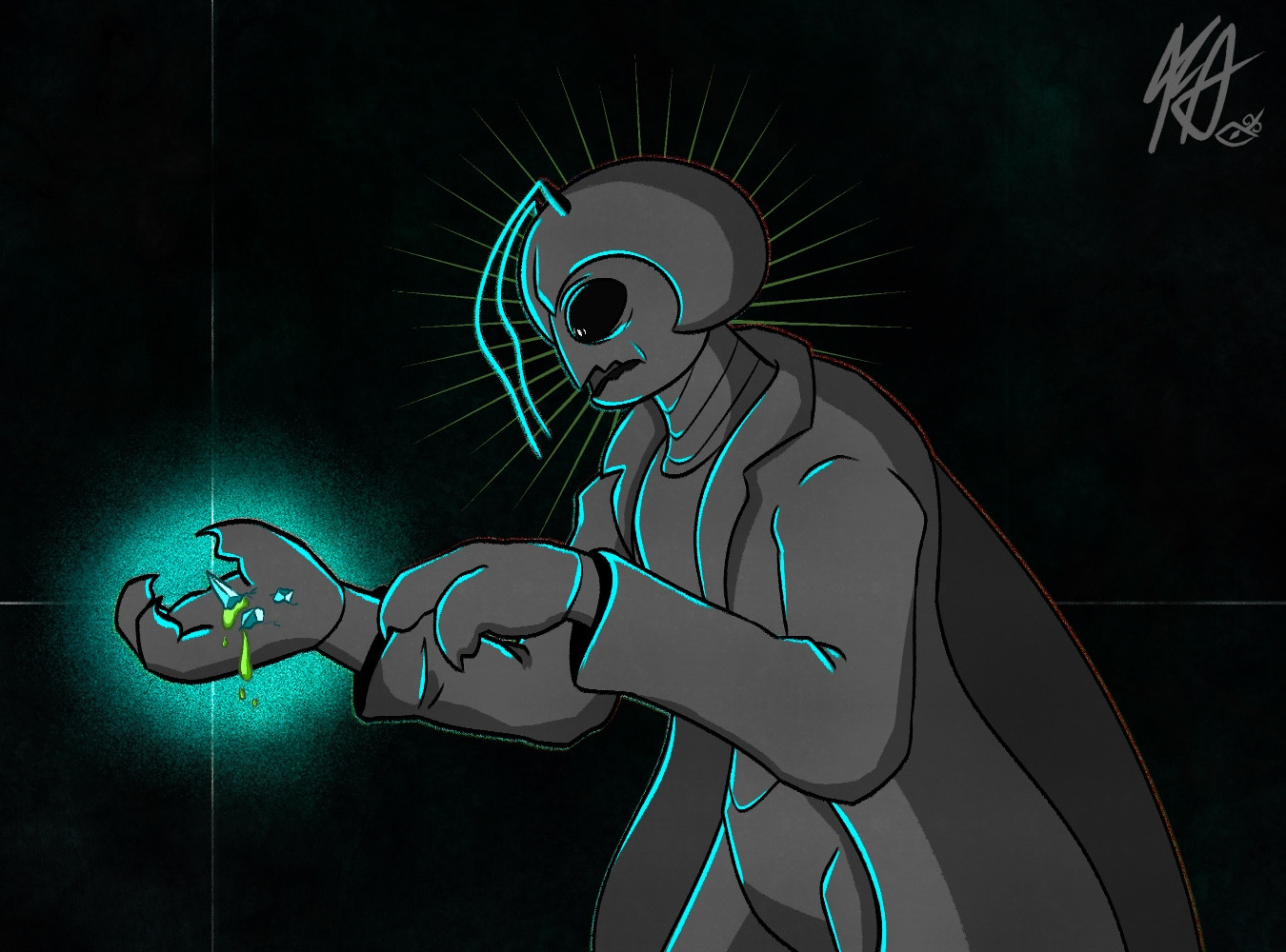 The first image is an illustration of Erzsi, an anthro cockroach.

She's drawn against a dark background with a rusty blue and green overlay. Erzsi is coloured in greys and has an intense shading. A bright, almost neon blue acts as a rimlight.

Erzsi is wearing a lab coat and pulling down the sleeve to one of her arms.
She appears horrified as she stares down at several crystals that have emerged from her shell and caused her to bleed haemolymph.

Behind the paw with the crystals is a bright blue light. A halo of sharp green lines circles Erzsi's head.