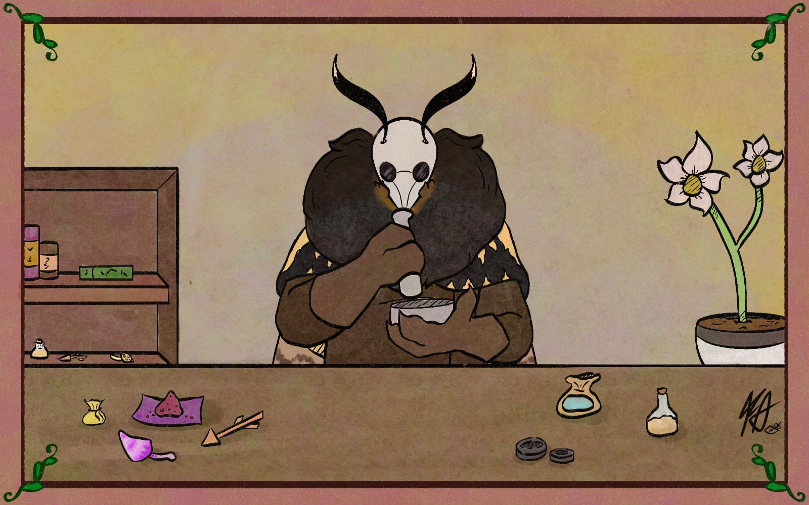 A digital artwork mimicking a medieval manuscript illustration.

The artwork shows Apollyon standing at a work table with various materials on it. They’re dressed in a coat, gloves, and a plague doctor-like mask, and are using a pestle and mortar to grind something to make incense.

Behind them and to the left of the image is a shelf with a couple books, as well as more materials. The right side simply has a pot with large white flowers.