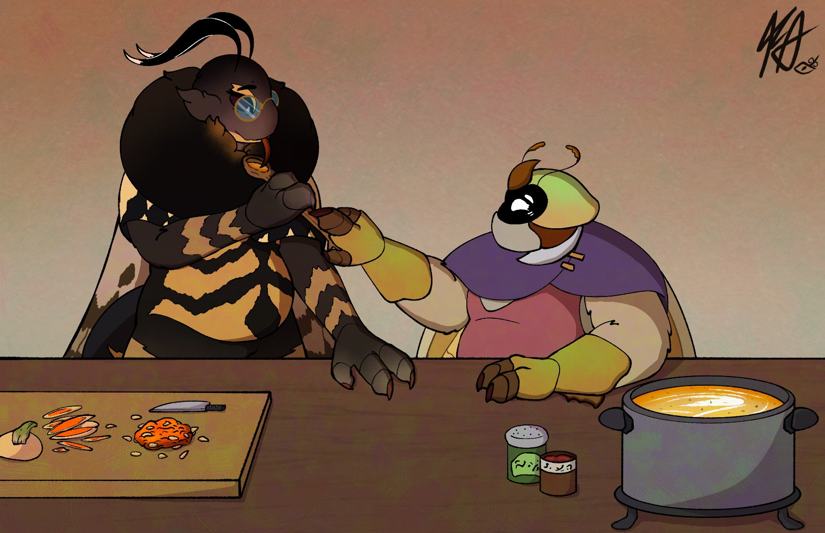 A digital artwork of Pan and Apollyon.

The two are standing at a countertop. Pan is cheerful as he holds up his wooden spoon to Apollyon, his other arm resting on the counter. Apollyon is grabbing at the spoon, also looking happy. Its proboscis is visible as it drinks at a yellow orange soup in the spoon.

The counter itself has various things on it. In front of Apollyon is a cutting board that has a knife and the remnants of a squash. Closer to Pan is the soup itself, still in the pot and standing on a trivet, as well as a couple containers of seasonings.