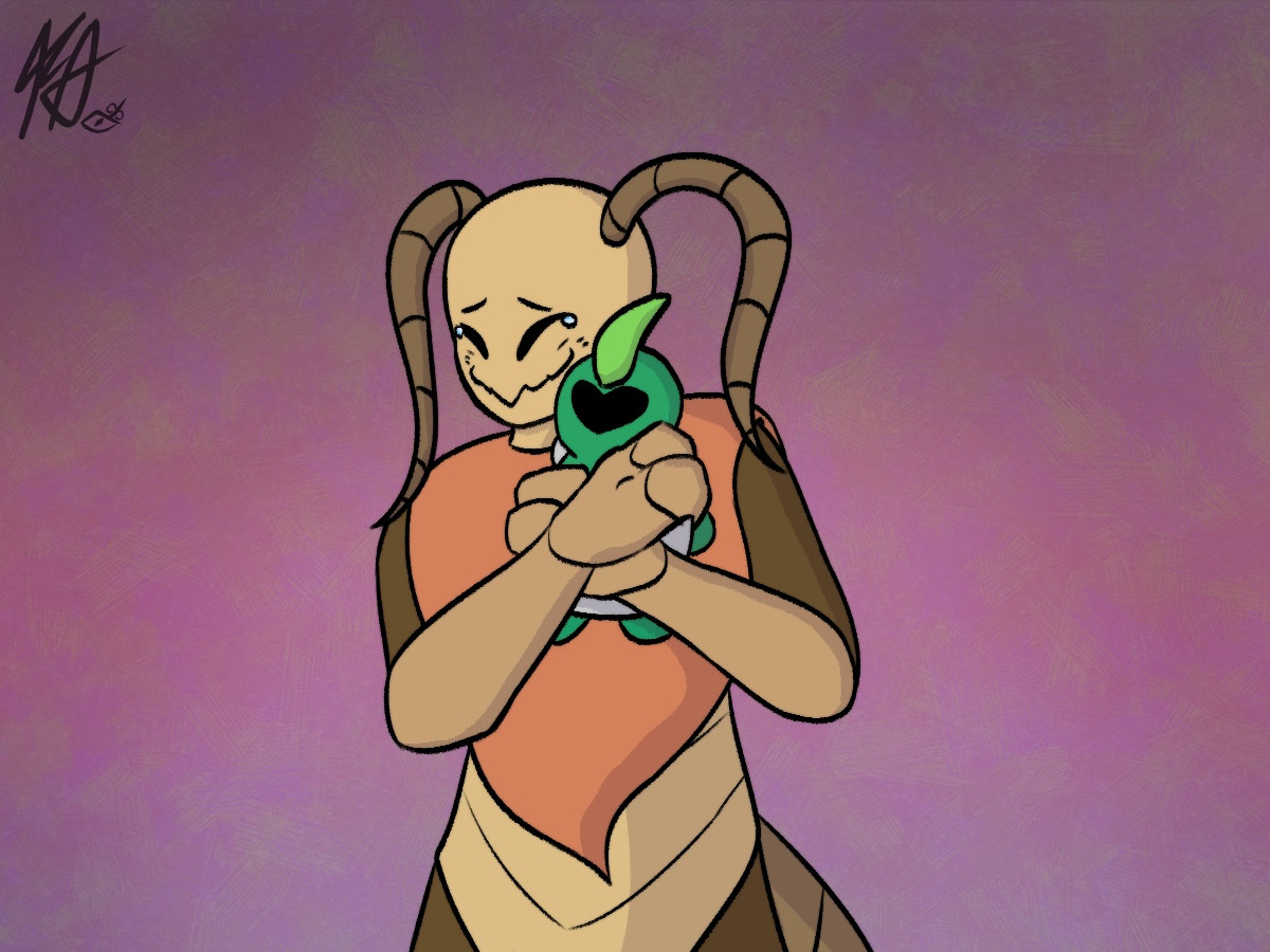 A digital artwork of the Bug Fables character Terrie on a textured purple background.

She's hugging a Bug Ranger Green plush. Her eye's are closed and she's tearing up as she smiles.