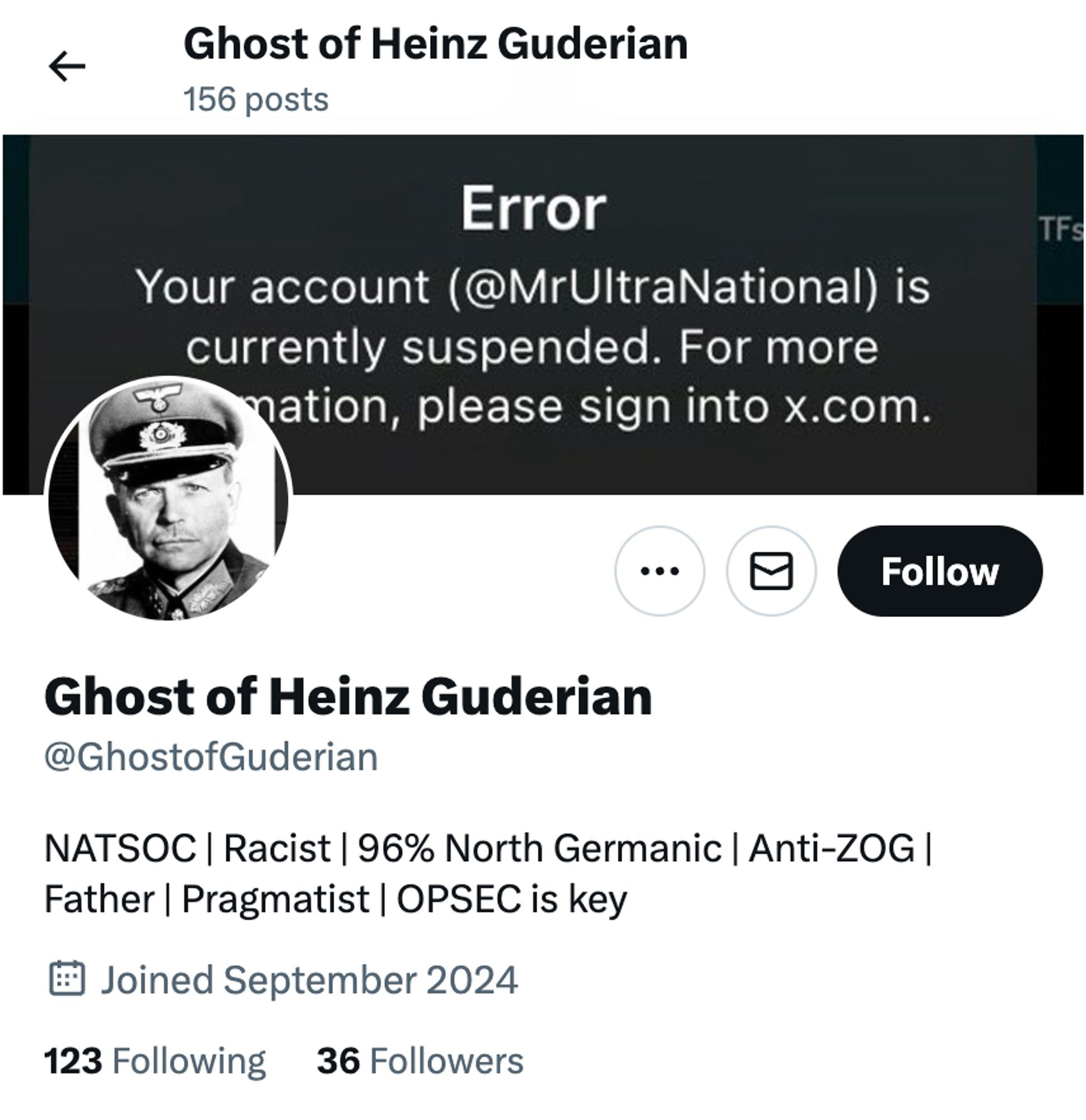 Screenshot of profile header for “Ghost of Heinz Guderian” (@GhostofGuderian) on X: “NATSOC | Racist | 96% North Germanic | Anti-ZOG | Father | Pragmatist | OPSEC is key”