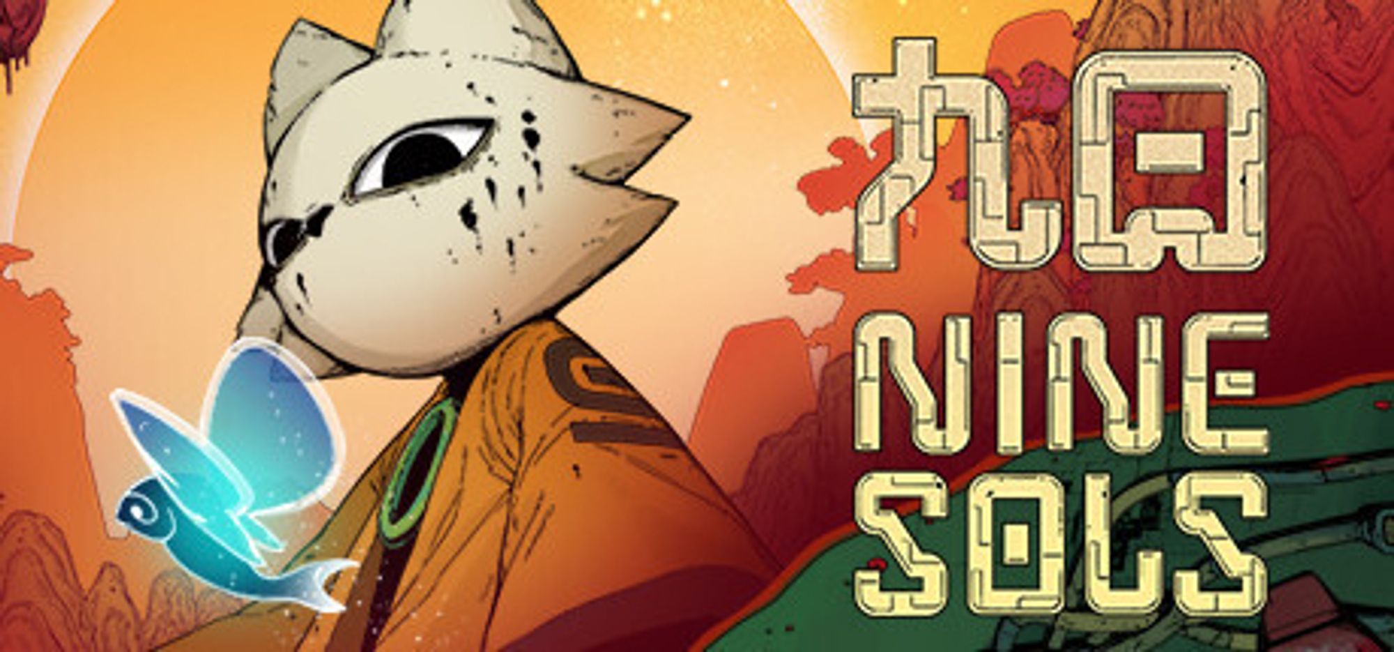 Nine Sols banner, featuring the main feline-like character Yi and his bird/butterly robot, the mystic nymph.