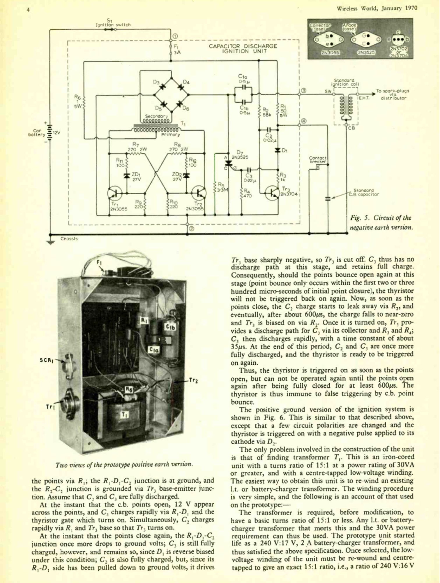 A page from the January 1970 issue of Wireless World, with a schematic and assembly illustration of a capacitive-discharge ignition system for cars.