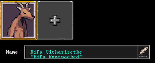 the dwarf fortress adventures mode character creation screen showing a small portrait of my newly-made deer man. under the portrait is the name box showing my randomly generated name "Rifa Cithasisethe", which the game helpfully informs me translates into "Rifa Knotpacked"