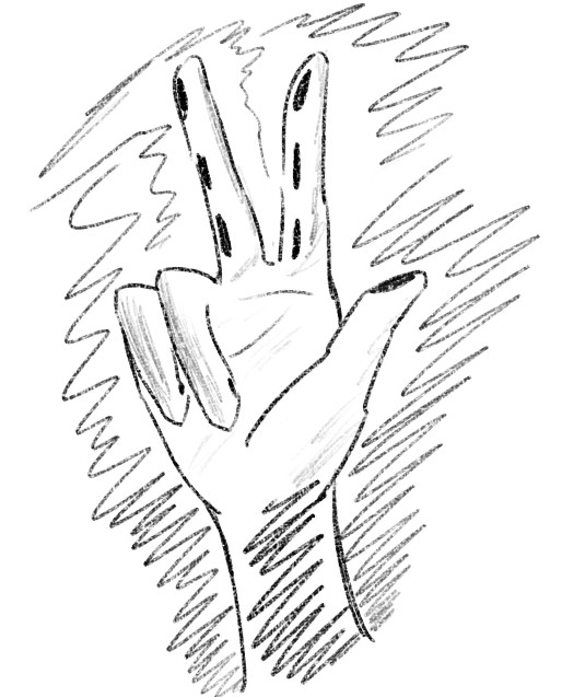 black-on-white sketch of a hand. the hand is a right hand, posed with the pinky and ring curled in, while the middle, index and thumb are extended a la a peace sign