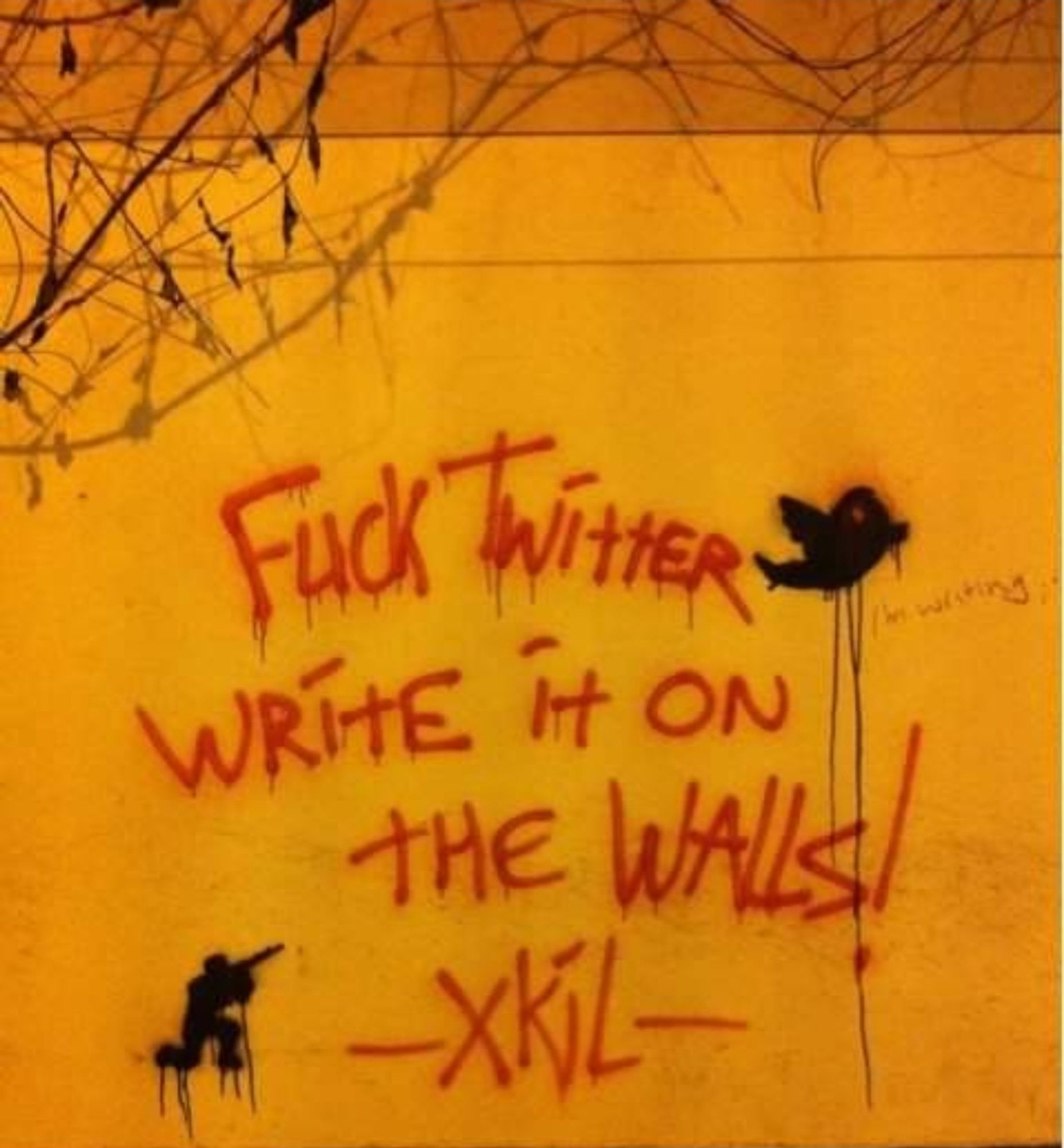 Tag sur un mur qui dit en gros fuck twitter écrivez le sur un mur (c'est écrit en anglais j'ai traduit). Il y a un chasseur qui vise un oiseau symbolisant twitter alors qu'on a jamais vu un oiseau faire du VTT mais bref.