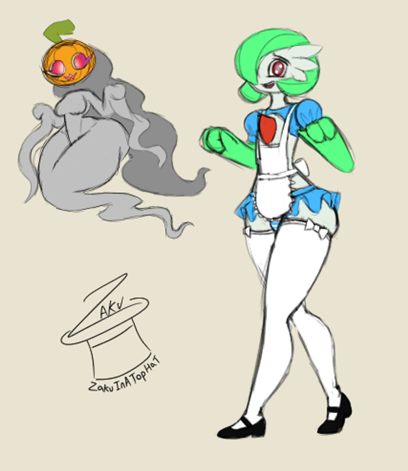 A Dummy Thicc Ghost with a pumpkin head & a Gardevoir Femboy dressed in a Slutty "Alice in Wonderland" fit