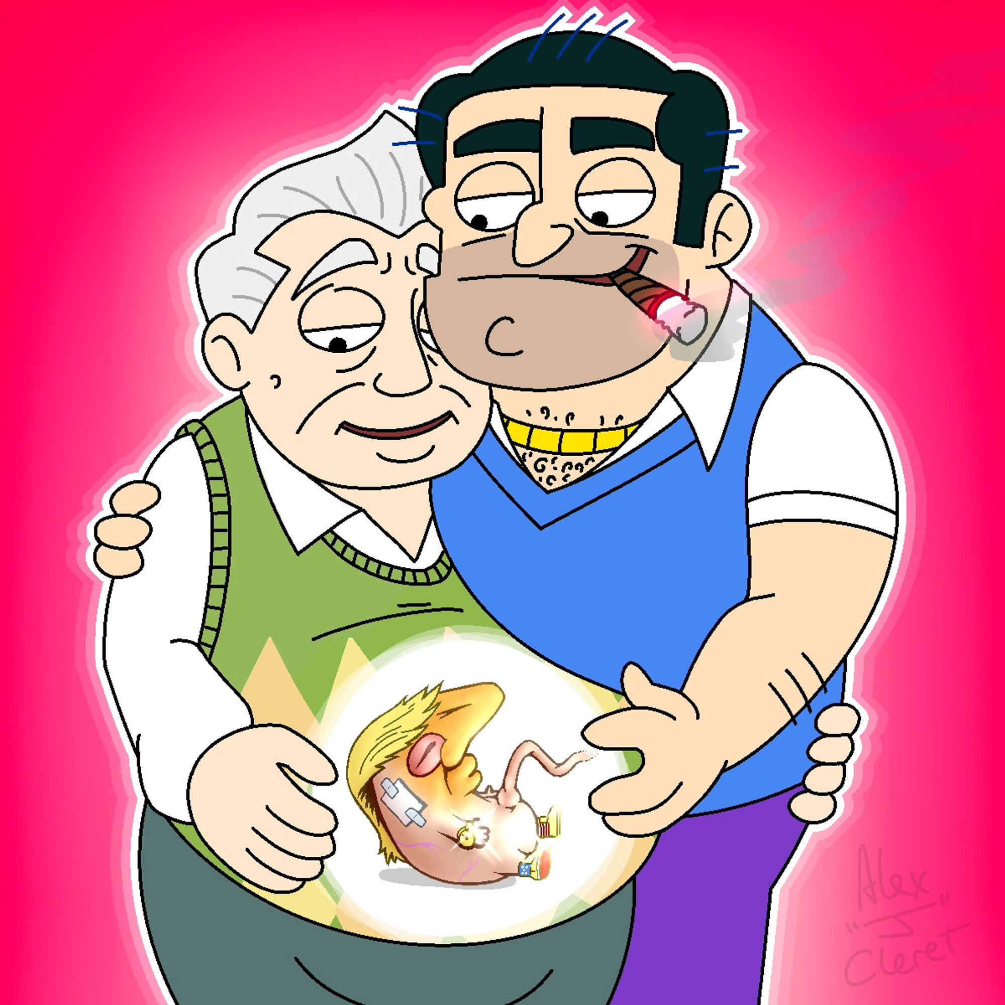 Norm (from The New Norm) hugging Jimmy (from Fugget About It)
Norm (from The New Norm) is pregnant
Jimmy (from Fugget About It) is so proud
Foetus (from Womb) is Trump (from Politics)
Foetus (from Womb) is drawn in a Psychicpebble-ish style
Foetus (from Womb) is wearing gold shoes and a gold watch