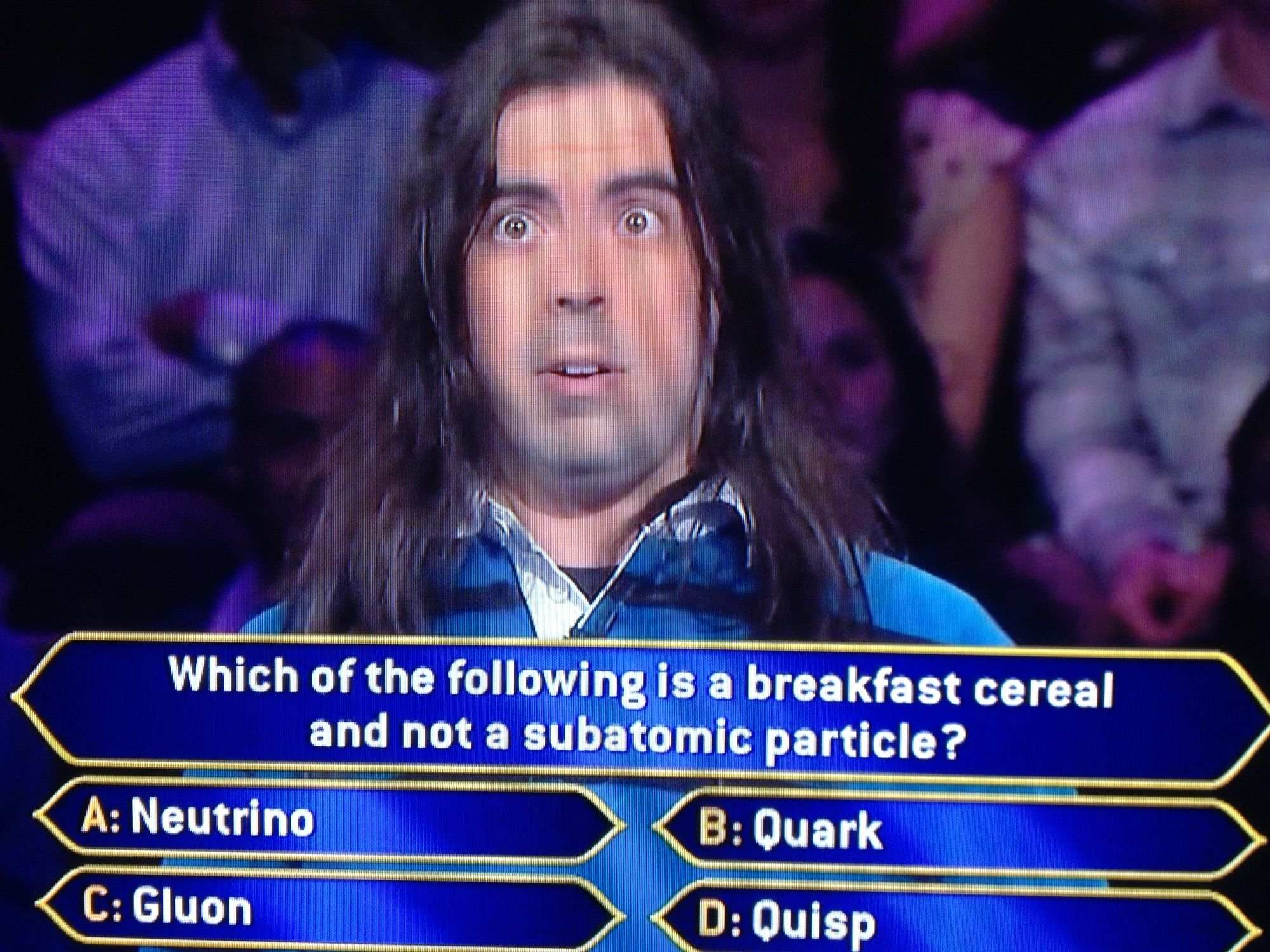 Game show question: “which of the following is a breakfast cereal and not a subatomic particle?” A: neutrino B: quark C: gluon D: quisp