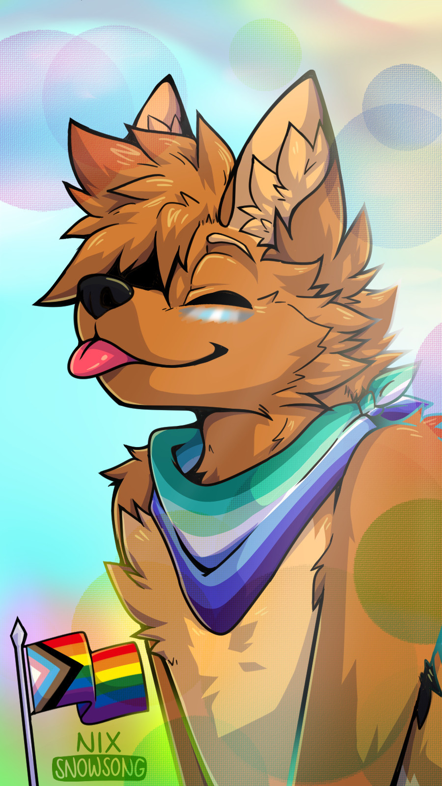 Burrito (fox), wearing a gay men's flag bandana, with a demiboy flag blush on the cheek. In the lower left is a progress pride flag.