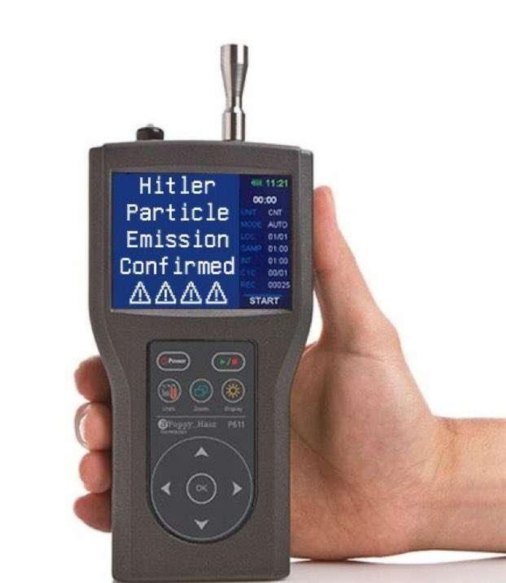 Meme image of a particle emission detector reading "Hitler Particle Emission Confirmed"