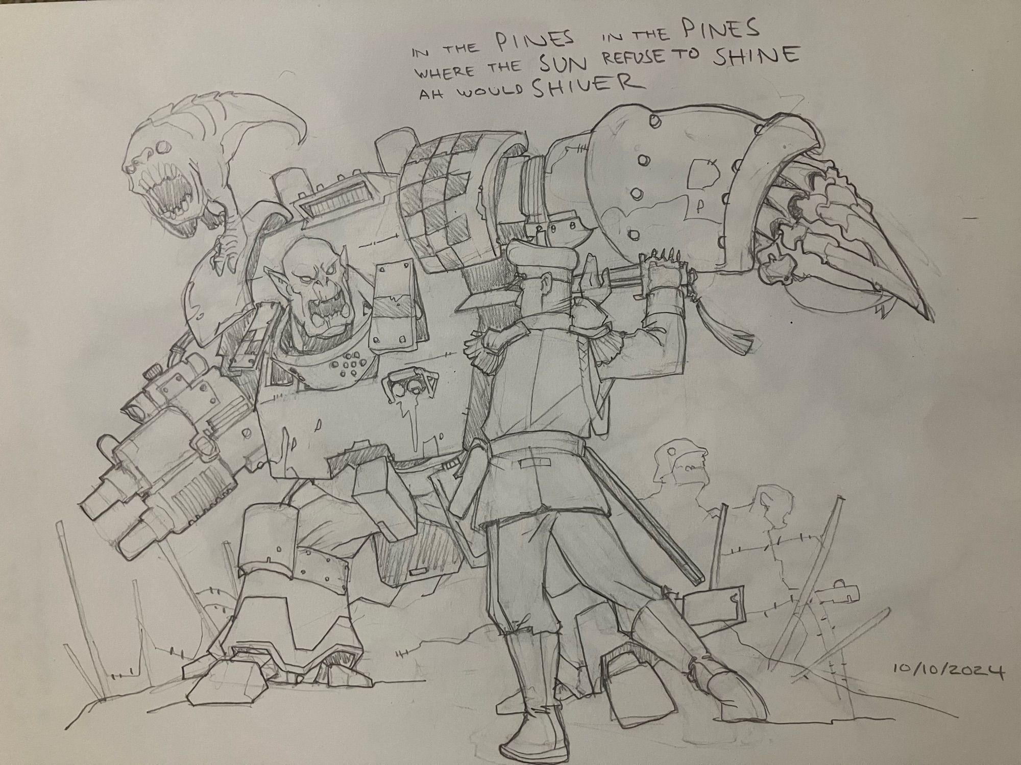 A Mordian officer uses a much more formal sword style to take on a massive Ork Nob in Mega-Armour. There’s a squig balanced on one shoulder of the armor and some suggestion of charging Orks in the background.