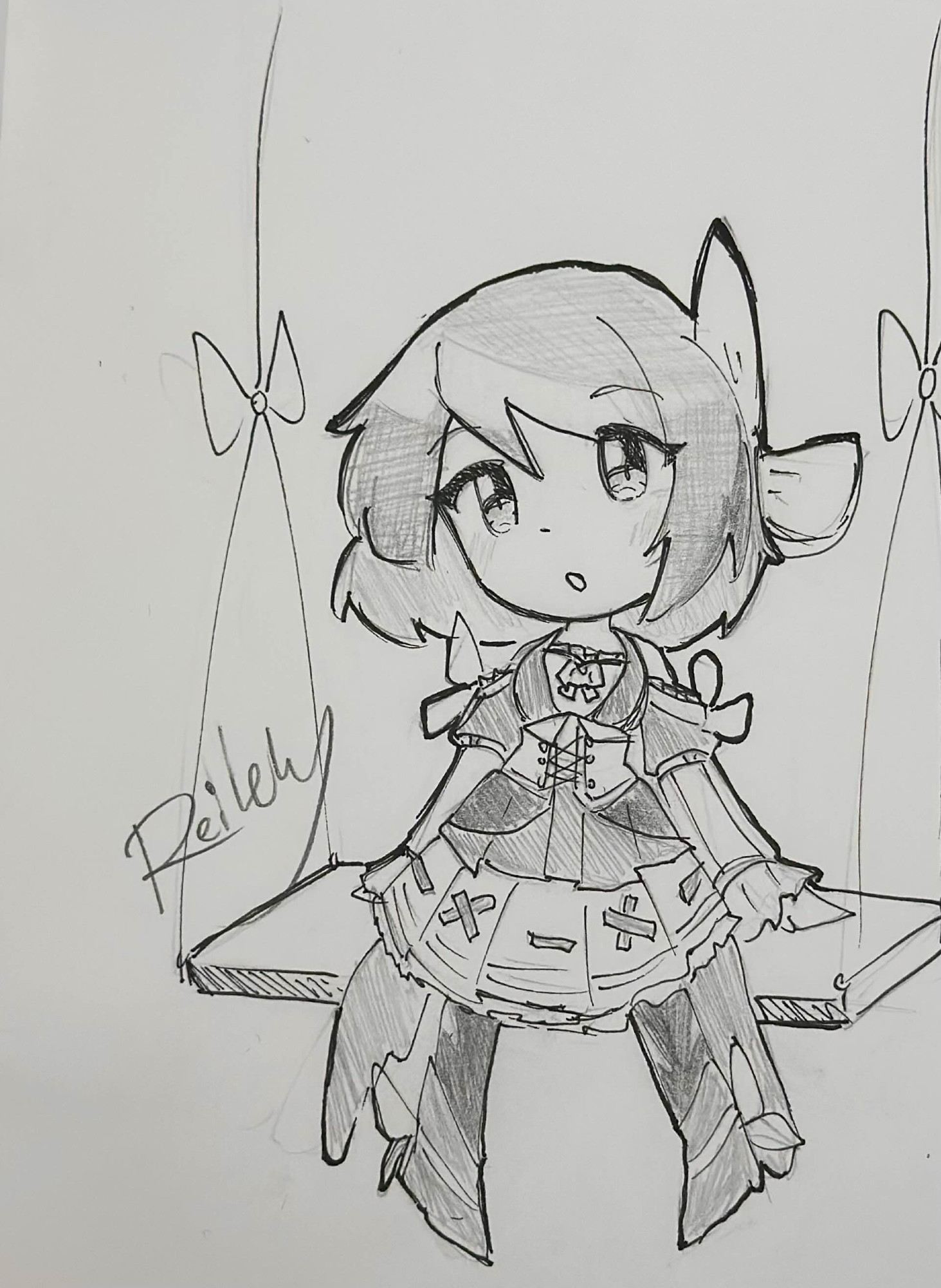 Personal Art | Traditional sketch of a chibi Ashling on a swing, pondering