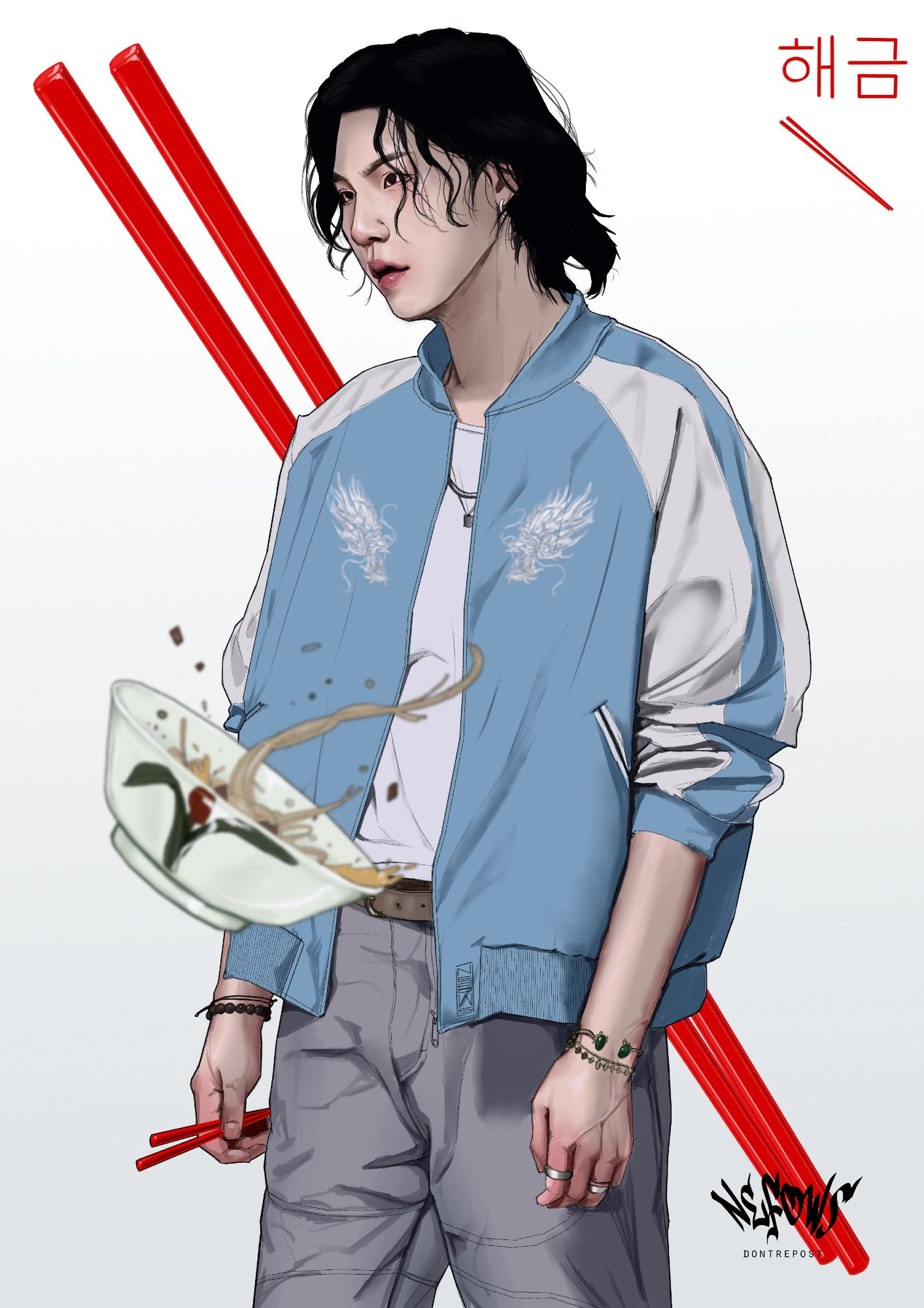 agust d digital art with red chopsticks on his hand, based on the haegeum mv