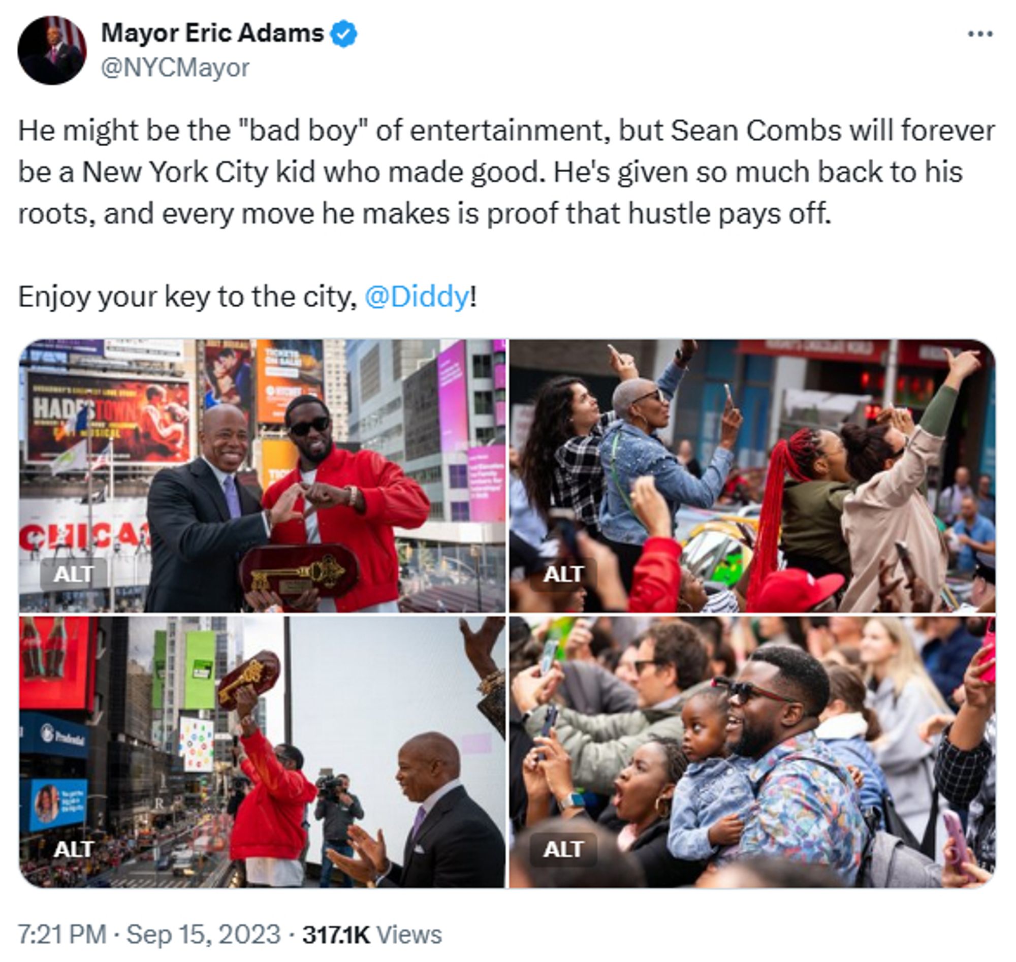 Mayor Eric Adams: He might be the "bad boy" of entertainment, but Sean Combs will forever be a New York City kid who made good. He's given so much back to his roots, and every move he makes is proof that hustle pays off.

Enjoy your key to the city, @Diddy!