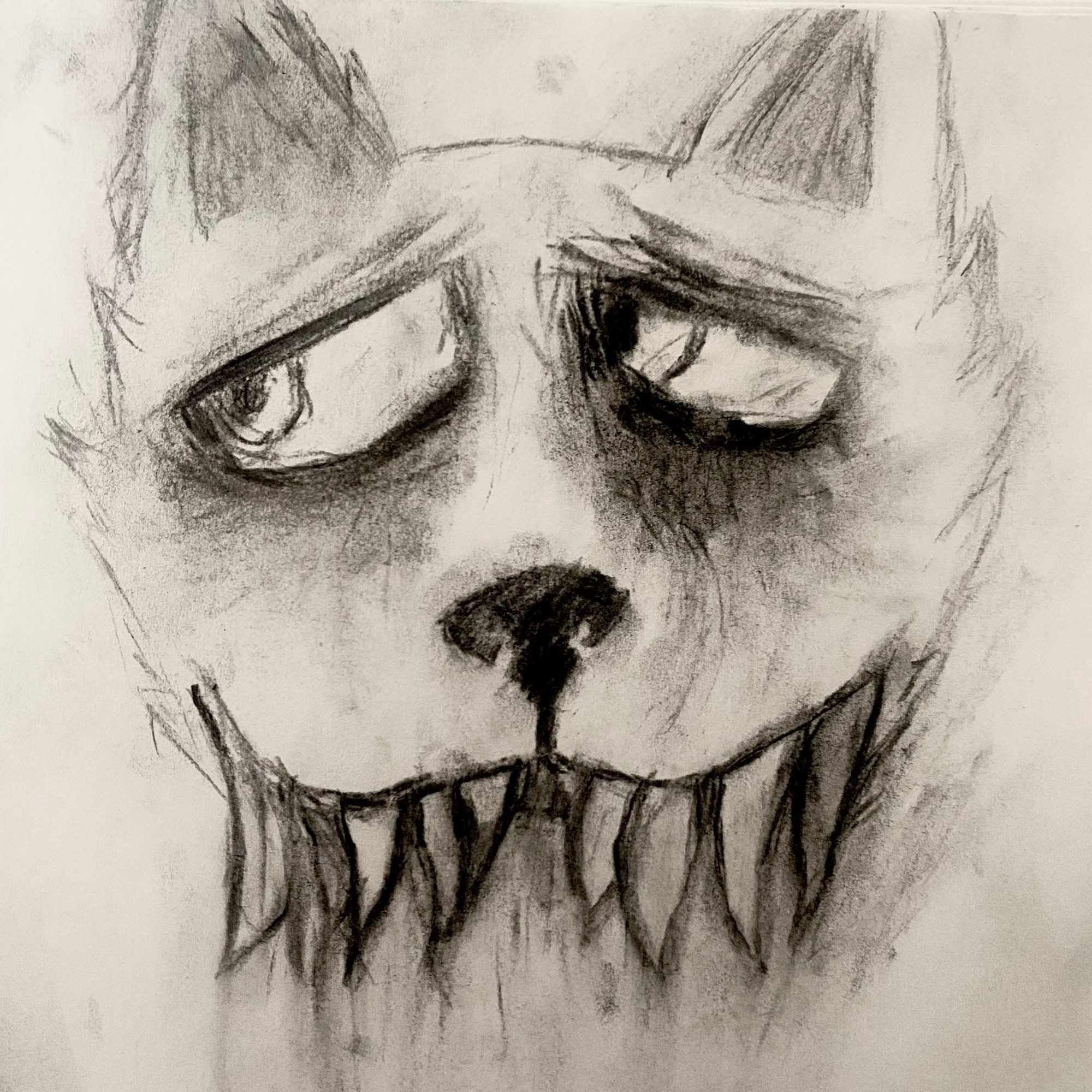 charcoal on paper drawing of a dog with exhausted sunken eyes and huge drippy teeth in a snarl

#furry #furryart #art #music #furrymusic