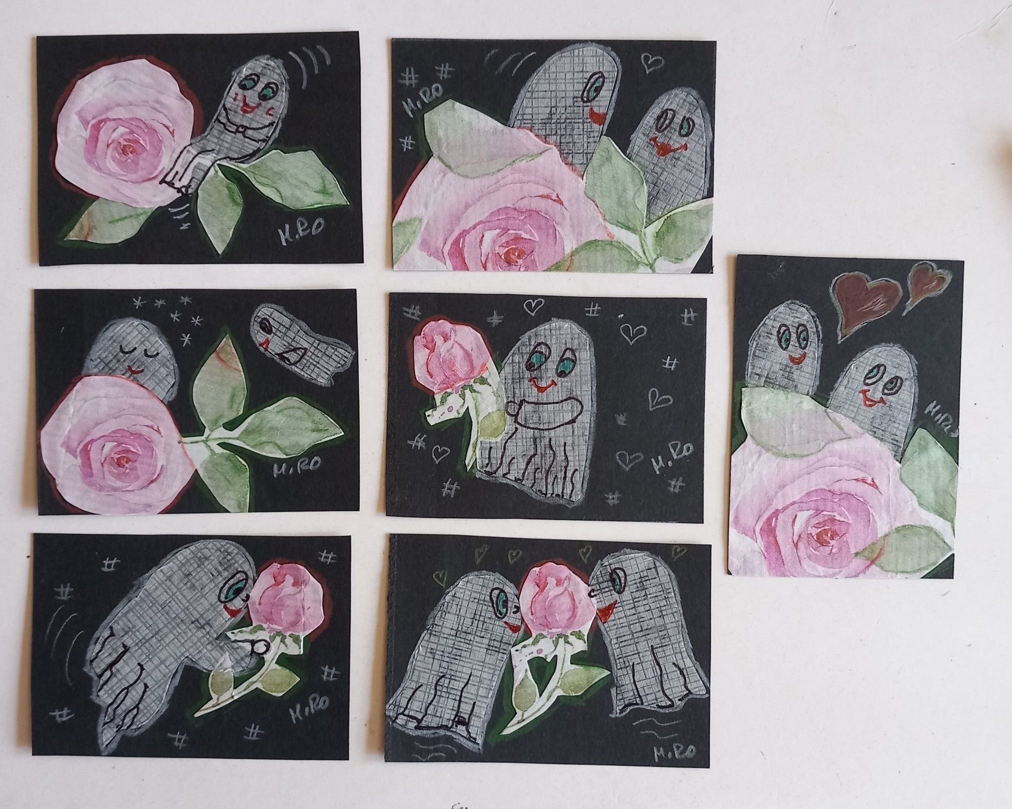 7 ATCs 
Schwarzer Hintergrund 
Ghosties mit Rosen