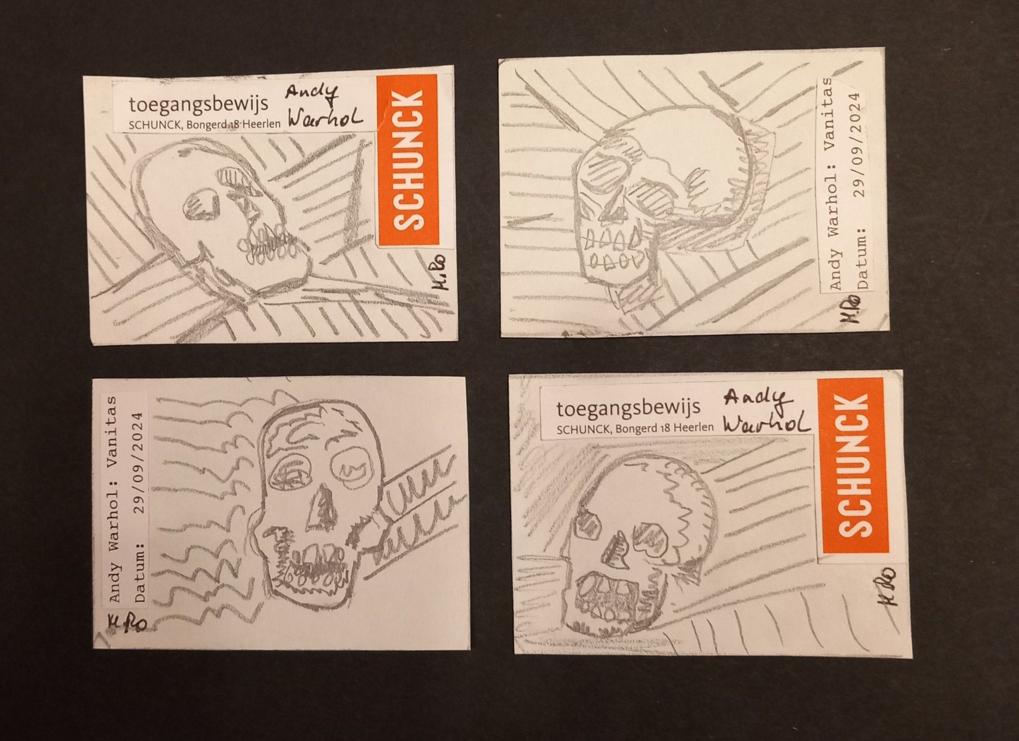 4 ATCs 
Kombination Eintrittskarte und mit Bleistift gemalter Schädel