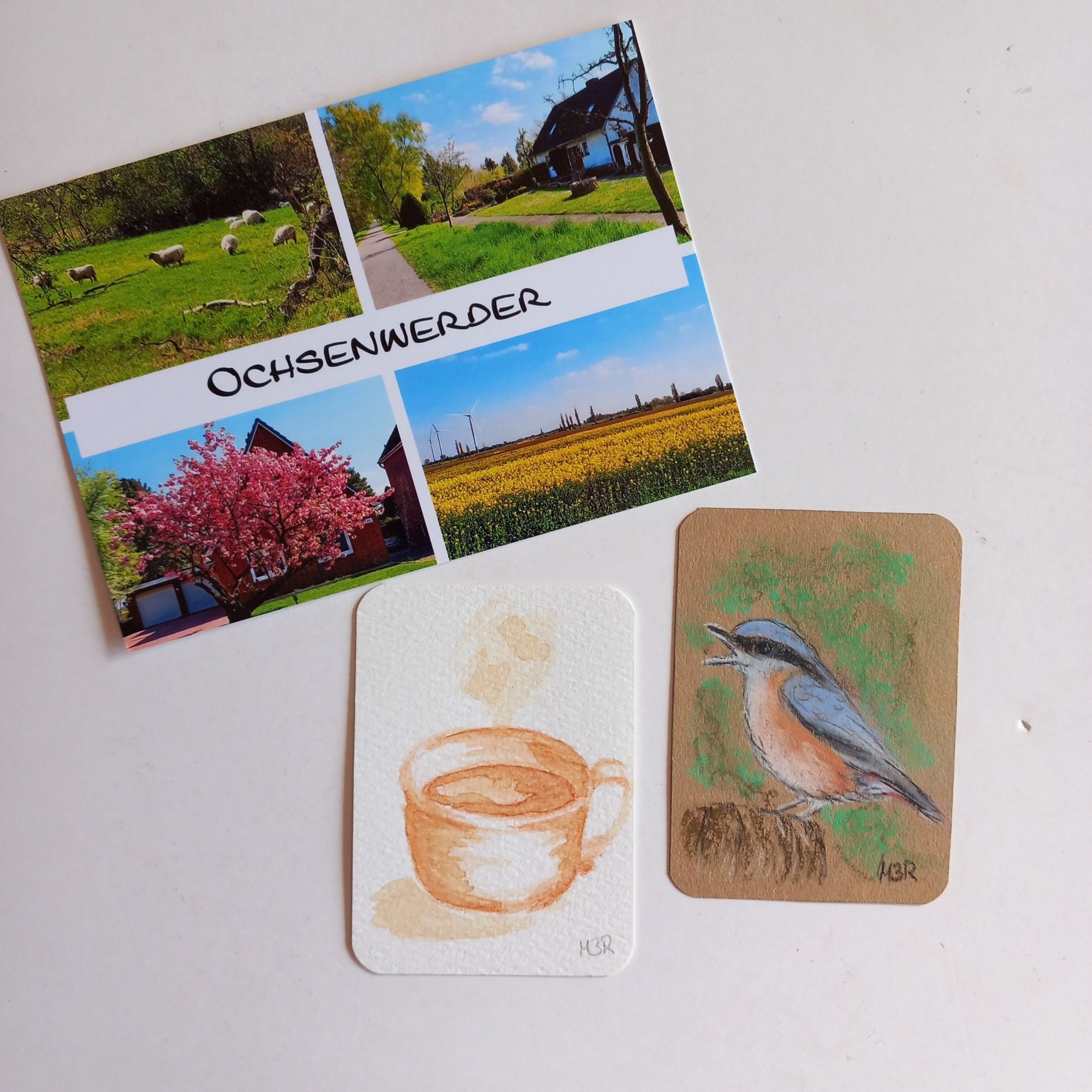 Postkarte von Ochsenwerder
2 ATCs 
Kaffeetasse und Vogel