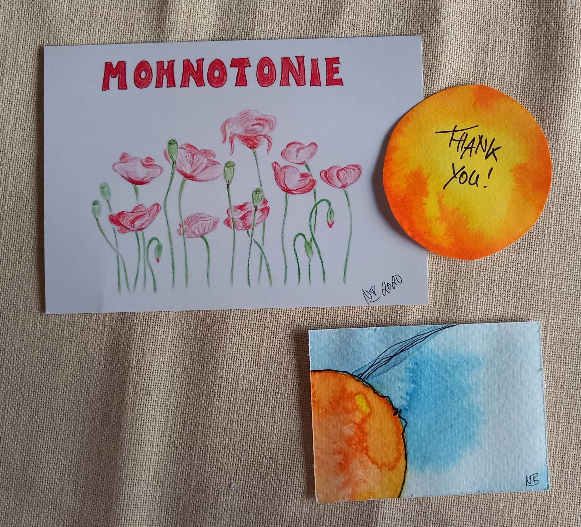 Postkarte mit Mohnblumen, ATC und Kreis, Motiv Orange Sonne