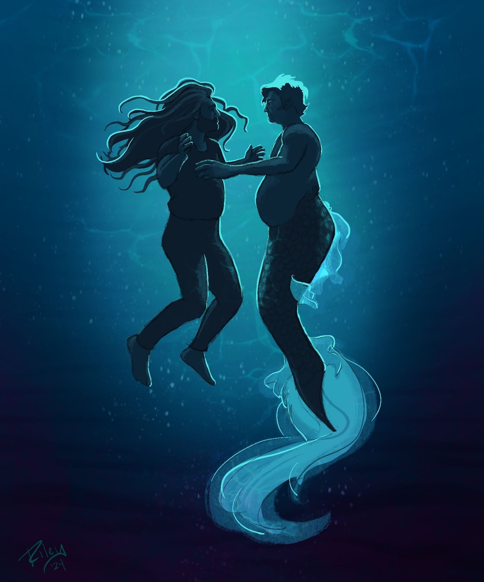 A digital painting of Ed and Stede from Our Flag Means Death. It is the artist's depiction of a scene from season 2, episode 3, in which Stede appears as a mermaid. Ed and Stede are floating in the water and back-lit by an external light source. The artist has chosen to give Stede a much more curvy appearance than he has in canon. The artist has no regrets about this decision.