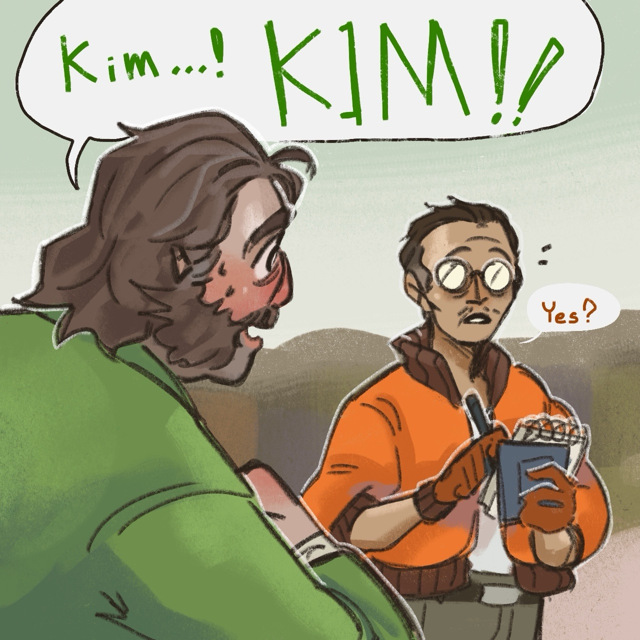 First page of a Disco Elysium comic. Harry hurriedly approaching Kim saying “Kim, Kim!” and the man responses with a “Yes?” looking up from his notebook.