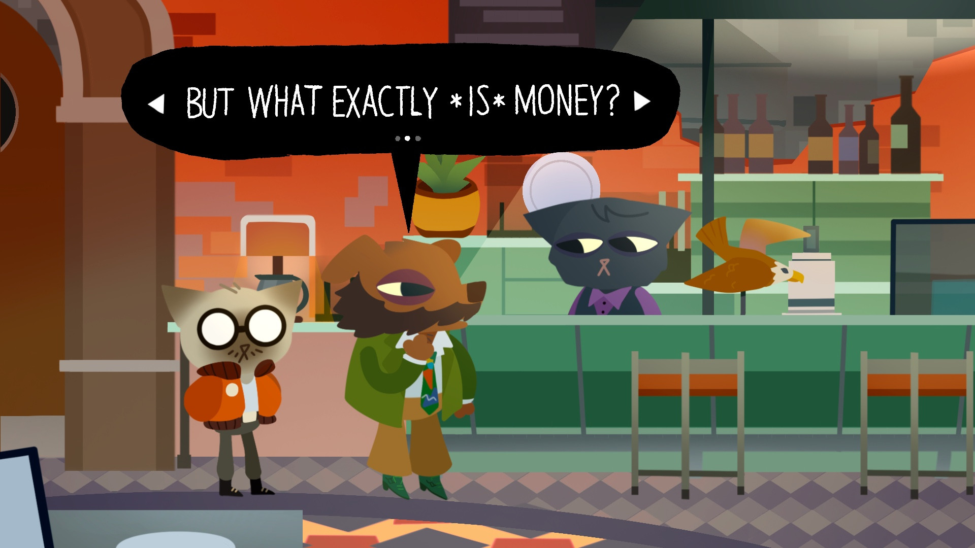 Image of Kim, Harry and Garte, again in the style of Night in the Woods. They’re in the Whirling-in-Rags, Garte is a black grumpy cat behind the counter looking really fed up. Harry with a speech bubble is asking “But what exactly is money” to Garte, Kim is standing patiently behind Harry. 