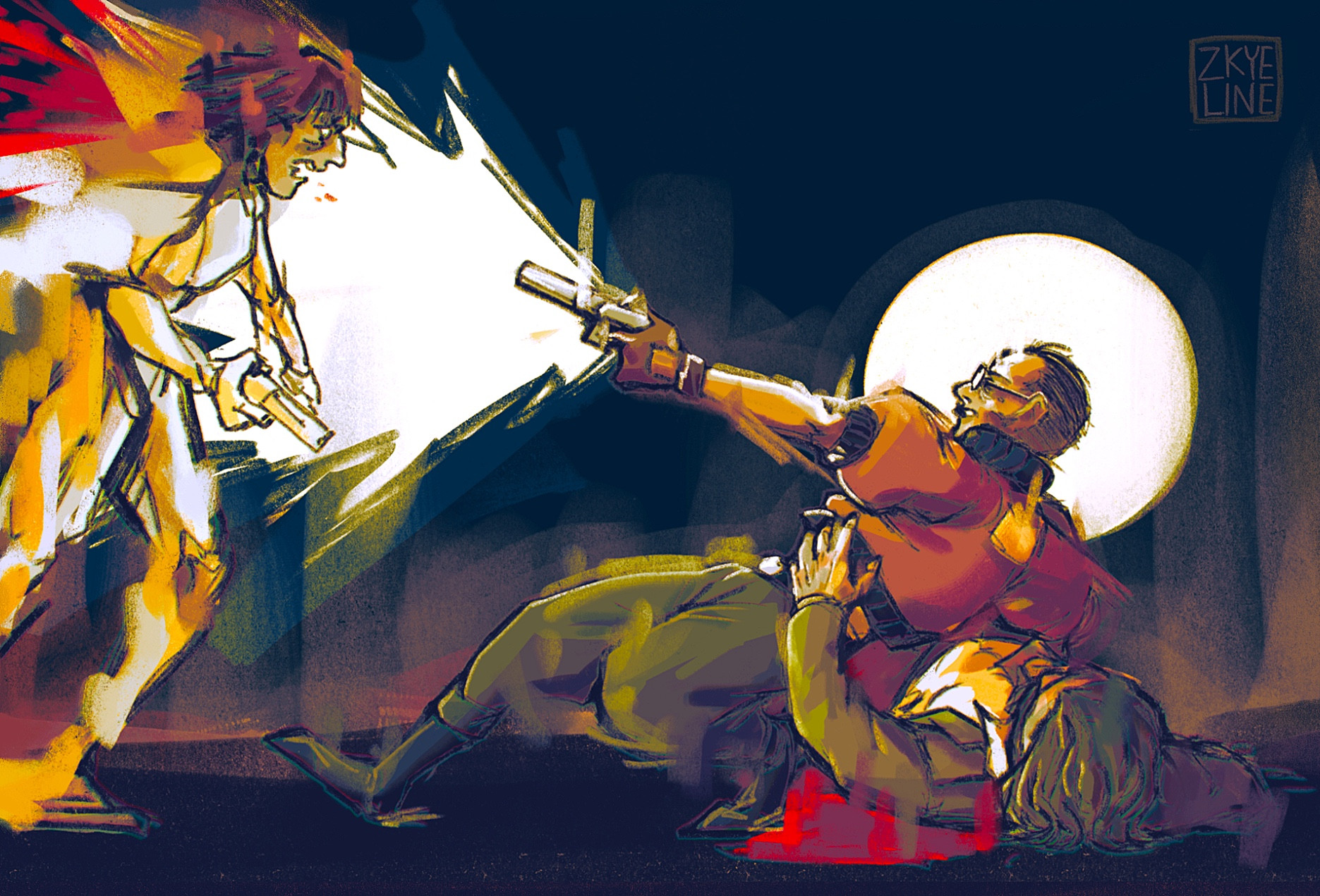 An illustration depicting the tribunal scene from the game Disco Elysium. De Paule, one of the mercenaries, is being shot and the damage is portrayed as paint strokes of blood and her armors blending together. Kim in the middle is frozen mid air as he spun around after being warned to look back, his left arm sturdy with the gun and the blast from his shot is bright against the hazy background. Harry is laid prone on the ground accept from a hand reaching up to protect Kim.