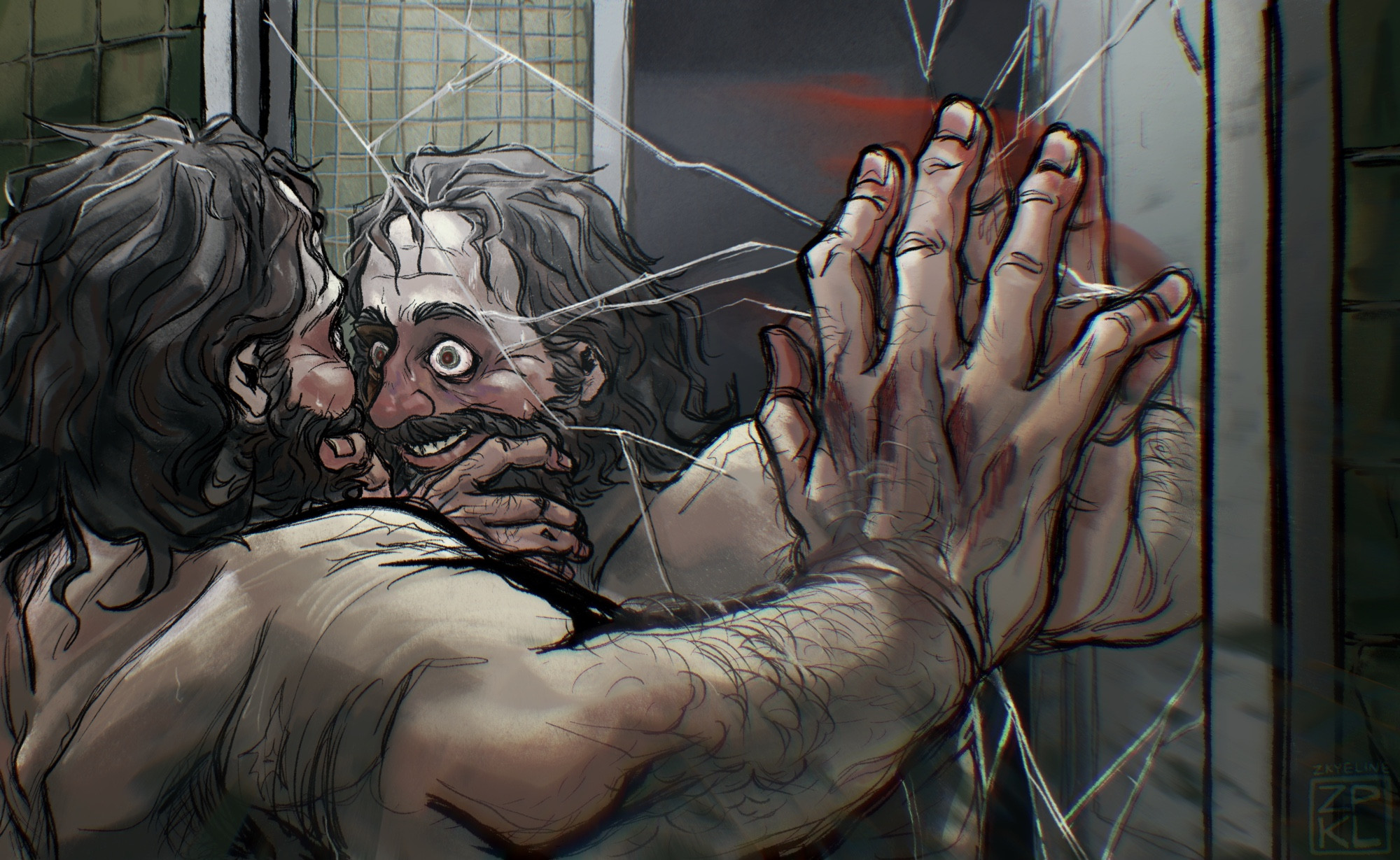  A digital drawing of Harry Du Bois from Disco Elysium. He is looking at himself in a cracked mirror, leaning in close with a hand braced against it. The viewer looks at the scene over his shoulder. Harry is studying The Expression on his face with wide eyes. His free hand grips his chin, framing his grin. He is sweaty and shirtless, and the hand that's against the mirror smears blood on the glass from his fingertips. 
He