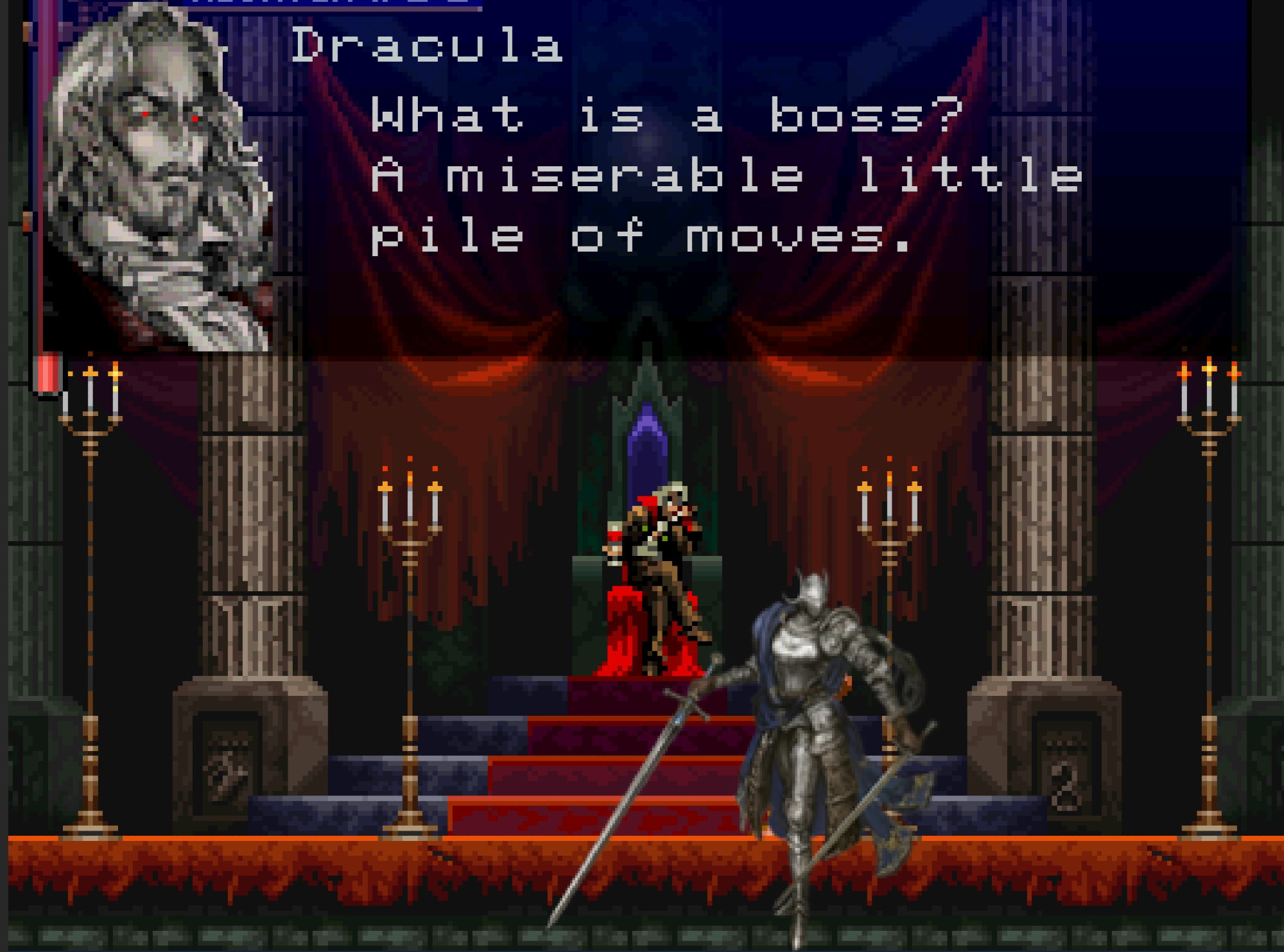 Opening screenshot from Castlevania: Symphony of the Night, with Dracula saying "What is a boss? A miserable little pile of moves" to Rennala, who is standing in place of Richter.