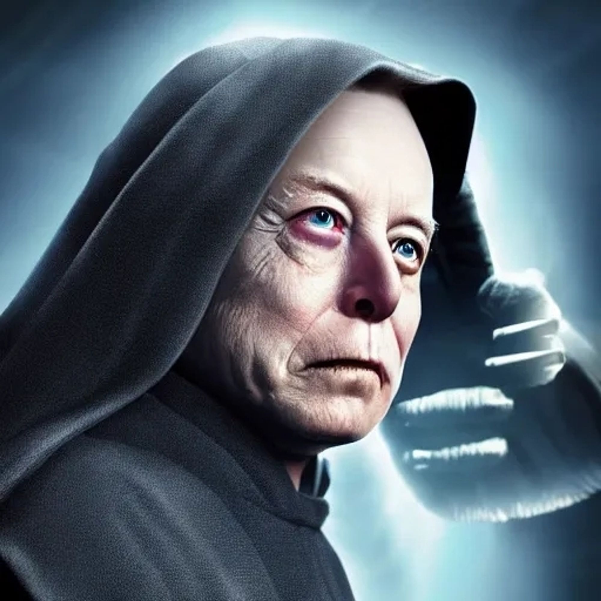 An image of Elon Musk as emperor palpatine. His face has been aged slightly and his lips thinned and eyes reddened. He wears emperor palpatine's black hood and robes