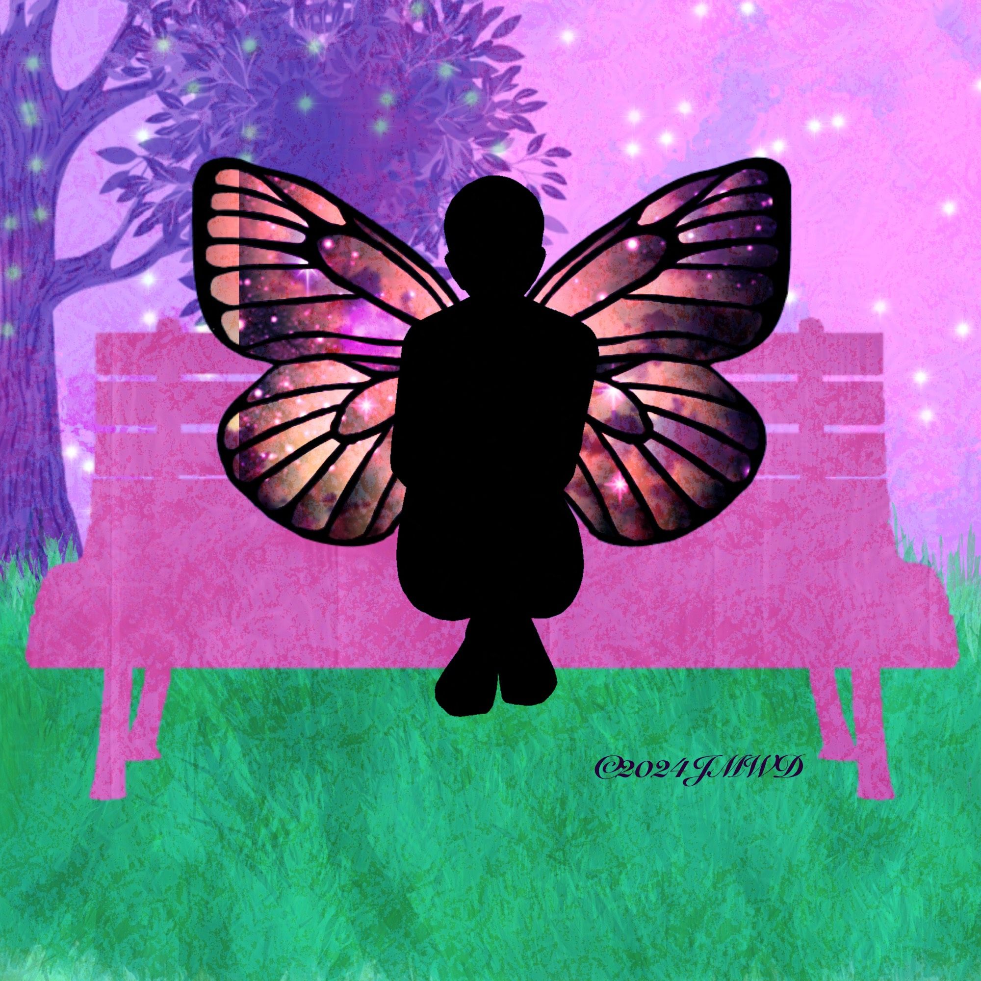 A silhouette with butterfly wings sits on a pink bench against a background of trees and sparkling lights.