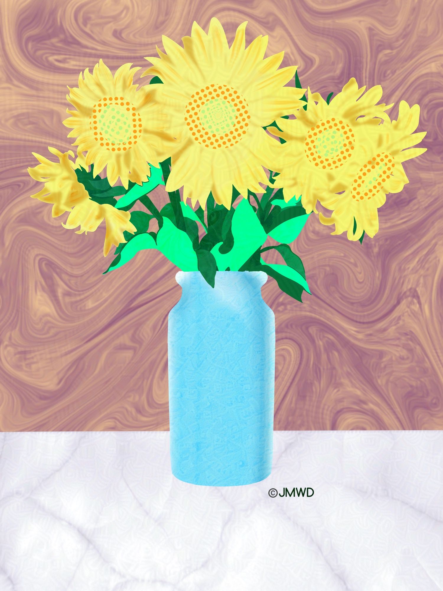 A colorful painting showing a vase filled with bright yellow flowers against a light brown background.