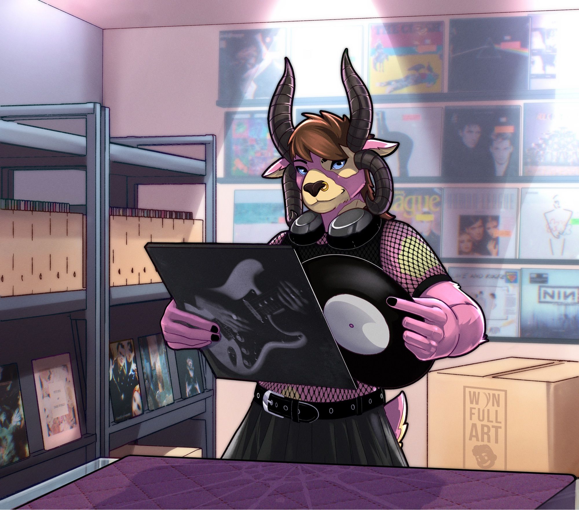 This illustration shows Lupine, an anthropomorphic pink Jacob Sheep, at their record store. Lupine is taking a Midwife vinyl out of its sleeve, surrounded by other records stored in boxes and hanging on the wall and shelves.