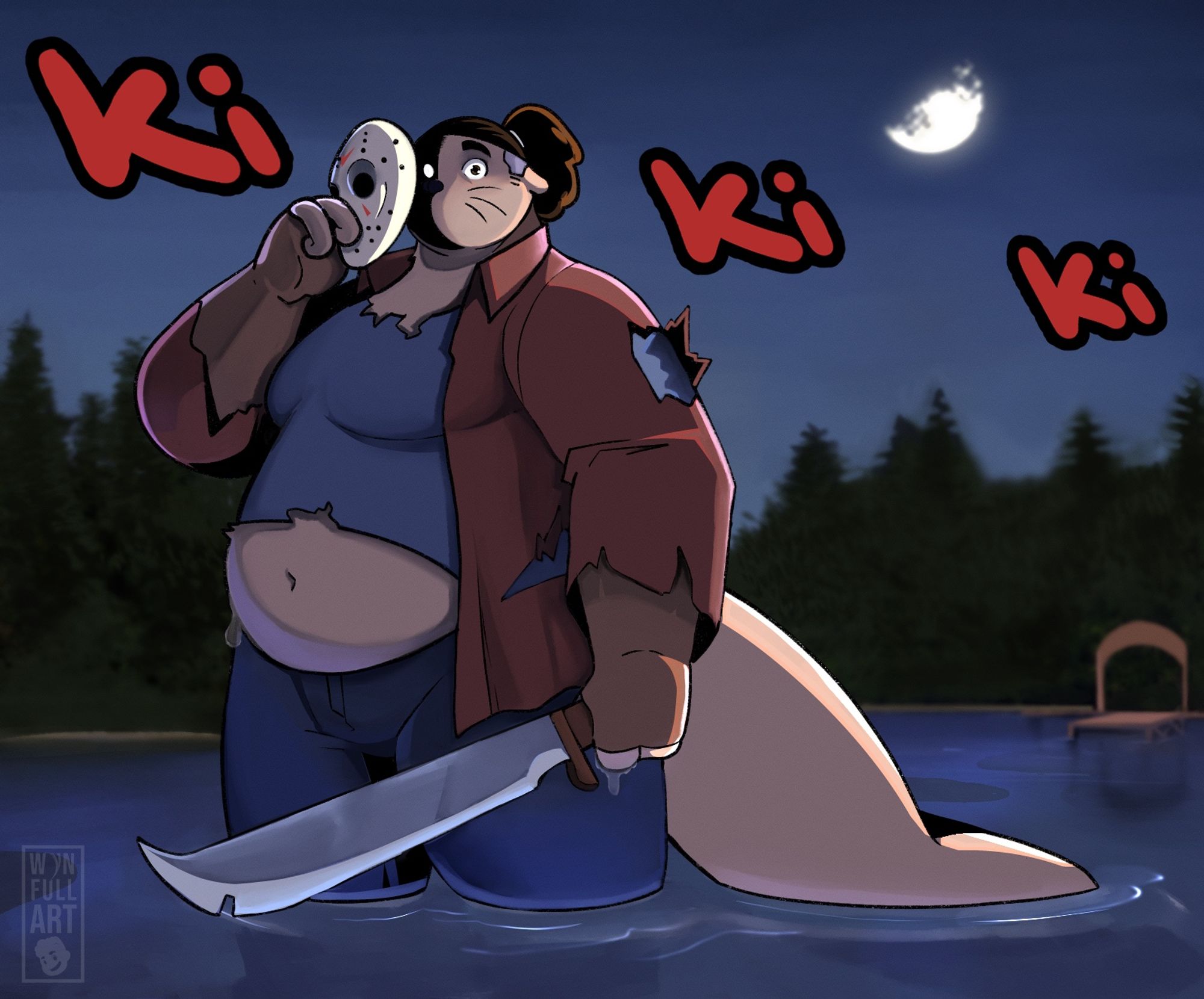 Wyn, my sea lion fursona, stands knee-high in a lake under a half moon, holding a hockey mask in one hand and a large blade in the other.