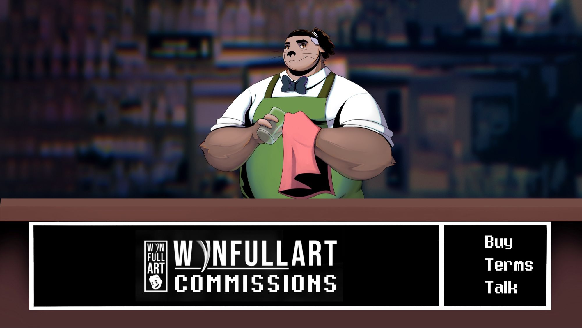 This picture depicts Wyn, an anthropomorphic sea lion barista, taking orders for commissions. The listing is done in a video game RPG shop menu style.