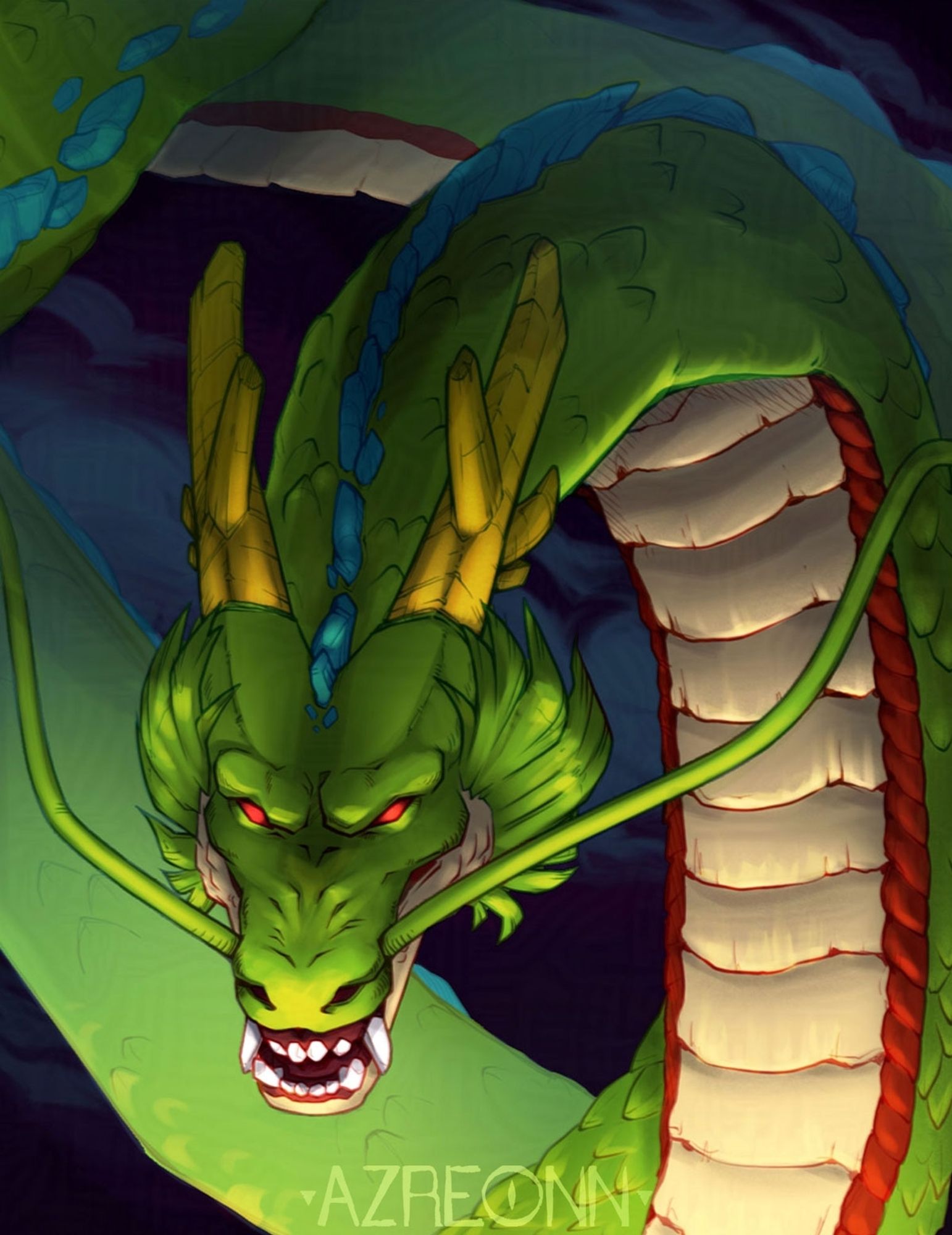 Shenron from Dragonball Series.
Green eastern dragon with pale belly scales, red accents and holden horns.