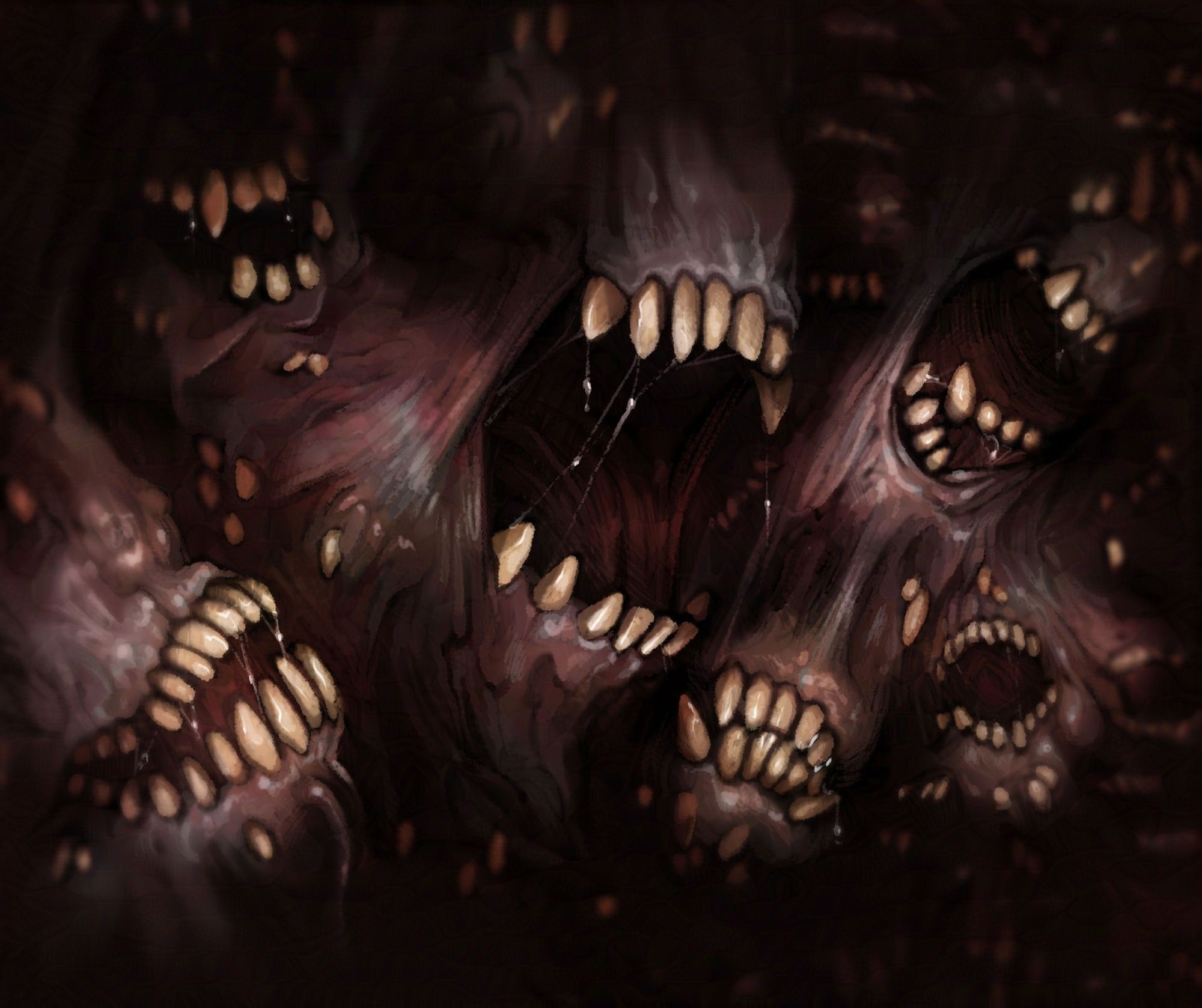 Final illustration of Daemonic Fleshlings growing on a flesh wall in hell.