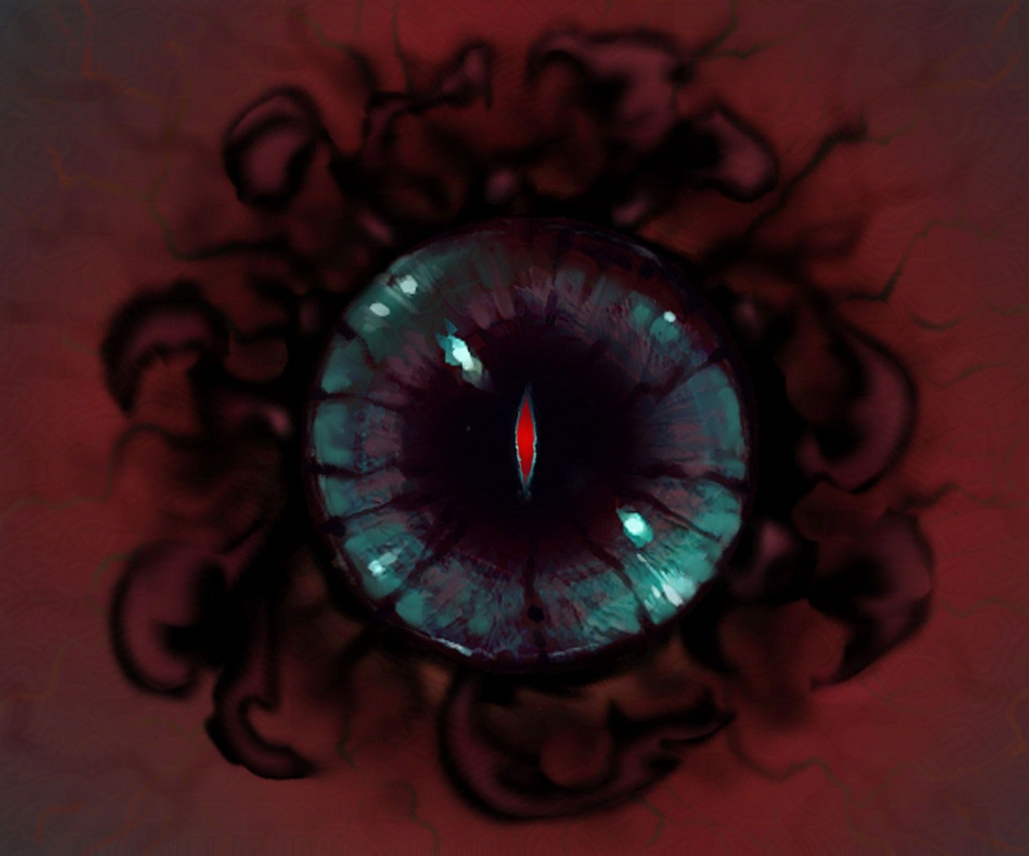 A floating, blueish purple eyeball with black wisps surrounding it, and a sharp, crimson pupil.