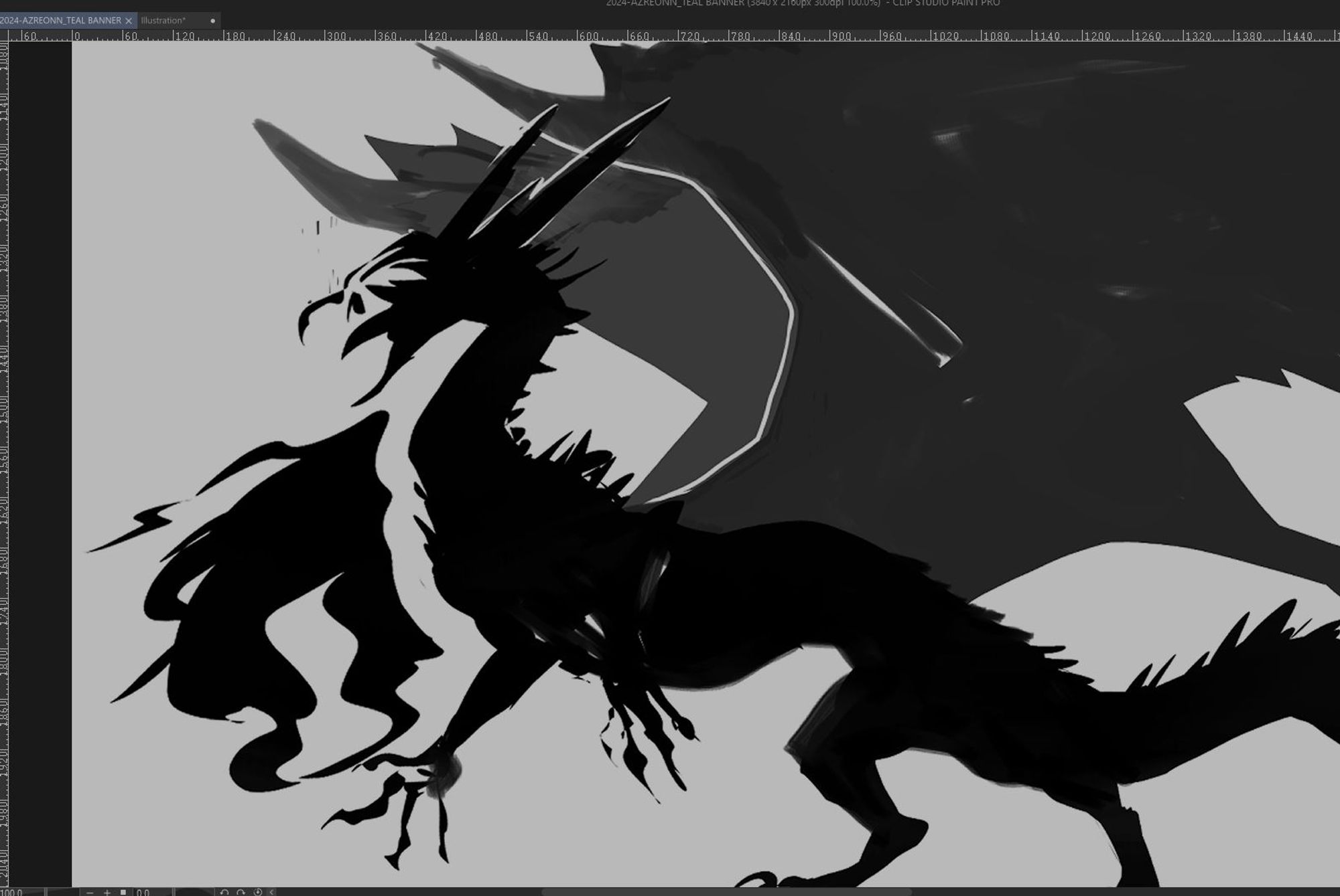 Dynamic black/white sketch of a possible dragon design in the future. It has long hair.