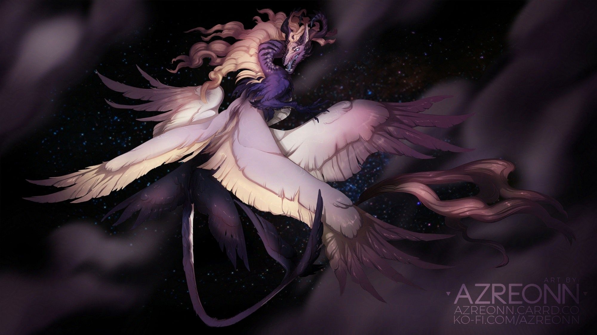 Full body illustration of a purple and cream colored dragon with scales, feathers and a flowy mane in space.