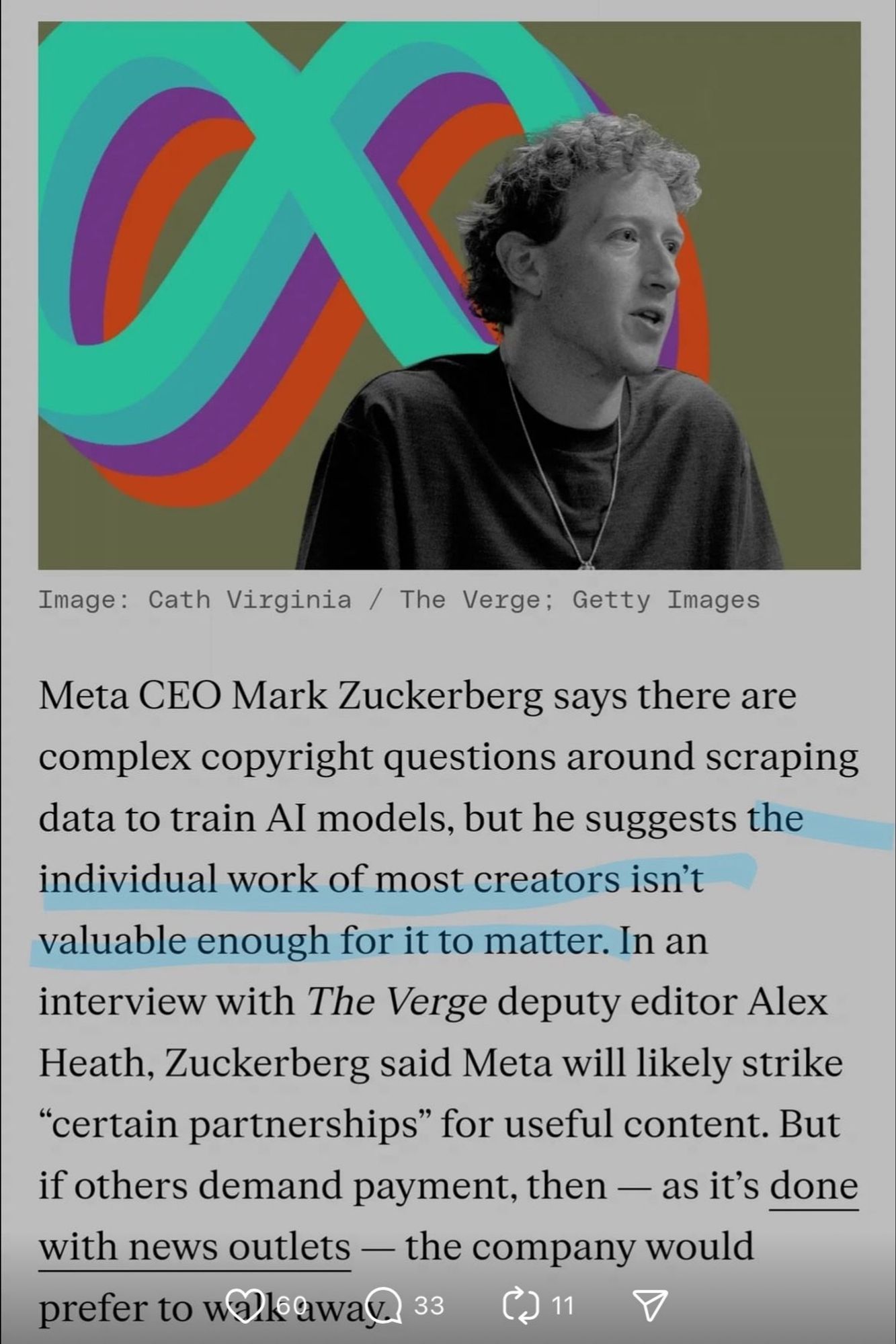 Article quote from Amrk Zuckerberg saying AI scraping copyright issues are immaterial because "the individual work of most creators isn't valuable enough to matter."