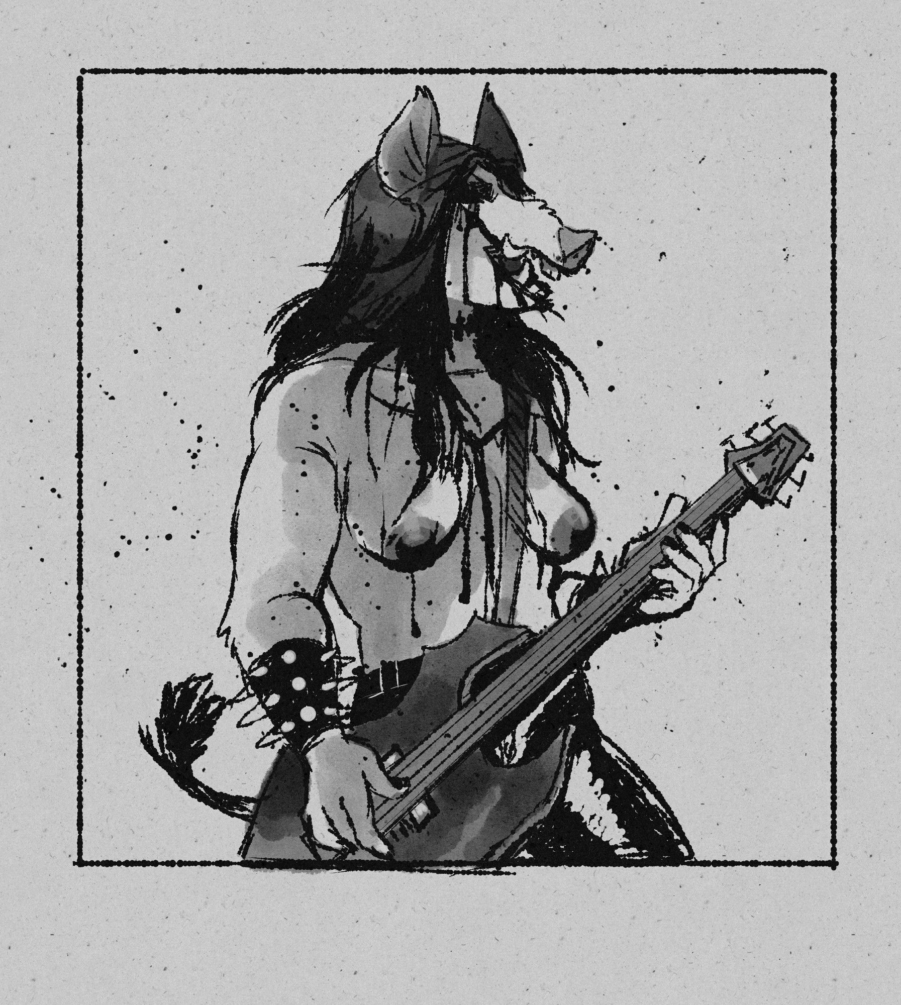 Black and white sketch of an anthropomorphic boar woman playing an electric guitar. She has a toned body, long messy dark hair and runny black corpse paint. She is bare chested, wearing spiked leather gauntlets and black pants.