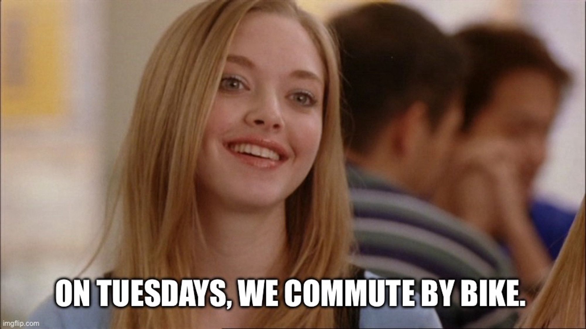 Character from the movie Mean Girls, caption says "on Tuesdays, we commute by bike”