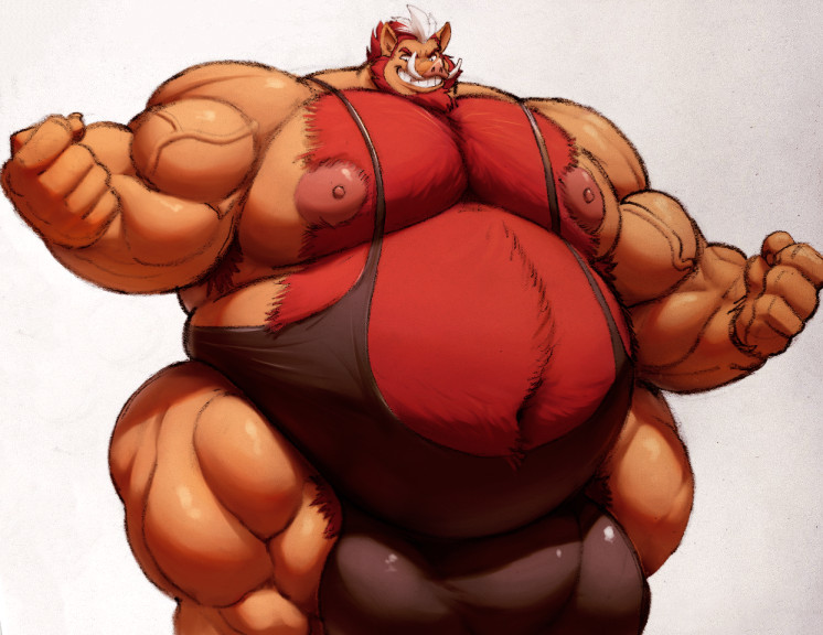 A big fat musclegut boar in a wrestling singlet. His powerful arms are showing along with his hefty form