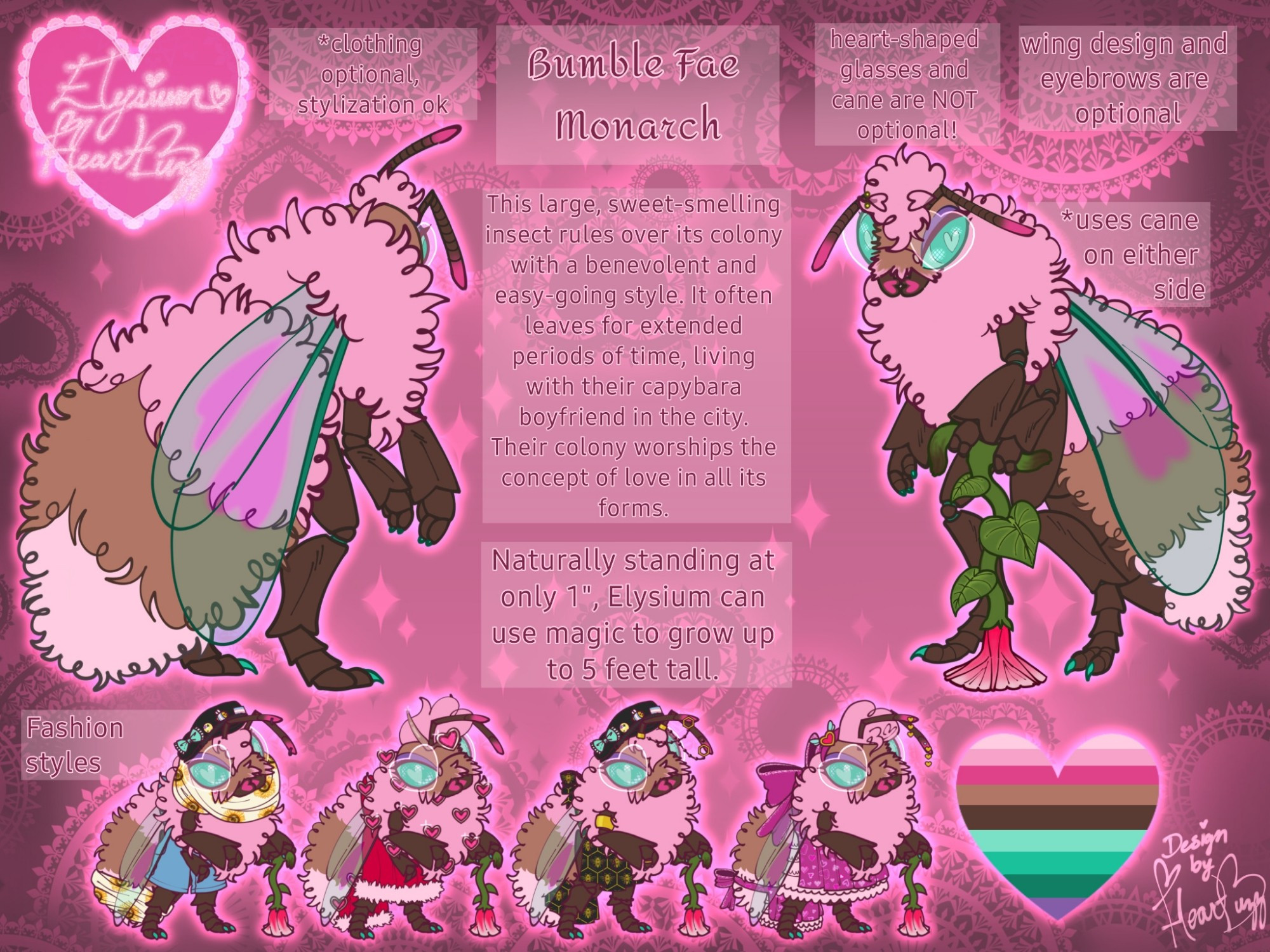 A reference sheet of an anthropomorphic bumblebee character. It has dark brown chitin, along with medium brown and pink fuzz. It's wings are turquoise, with a magenta heart in the middle. They use a flower-themed cane. There are several outfits on the side that are all fairly feminine. They have curly, light pink hair and use it or they pronouns.