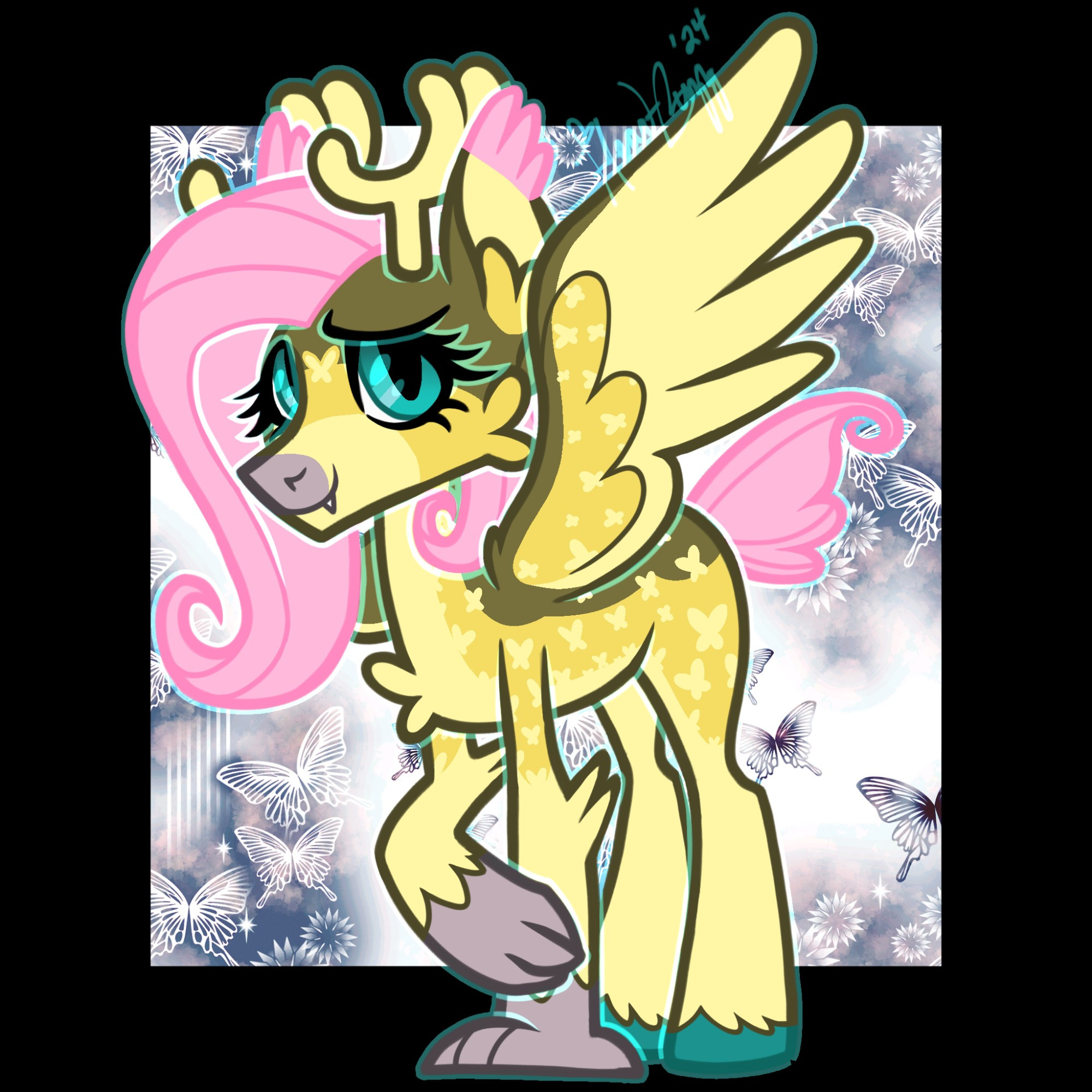 a colorful redesign of Fluttershy, from My Little Pony: Friendship Is Magic. she is depicted as a peryton; a carnivorous hybrid between deer and eagle. she is tall and lanky, with fur in shades of yellow. her underside is pale yellow, which abruptly turns to a more saturated yellow on her shoulders, sides and flank, and then becomes a yellow-brown over her back. the pale yellow also drifts up to create butterfly-shaped spots on her sides, like a deer. her front legs are tipped with talons in a deep, dusty pink color. her nose is the same pink. her back hooves are cloven, and the same turquoise color as her eyes. Her name is mostly the same, but it's not as long in the back and sits comfortably on her shoulder. her tall ears are tipped with pink feathers the same color as her mane. her tail is short like that of a deer, with the same curl at the end. it's pink as well. her fangs peek out from her nervous smile. her wings are mostly pale yellow, with bright yellow covers and brown on the backside. the covers display butterfly-shaped spots. Fluttershy also sports a butterfly-spot right between her eyes. she has a small rack of antlers with 3 points.