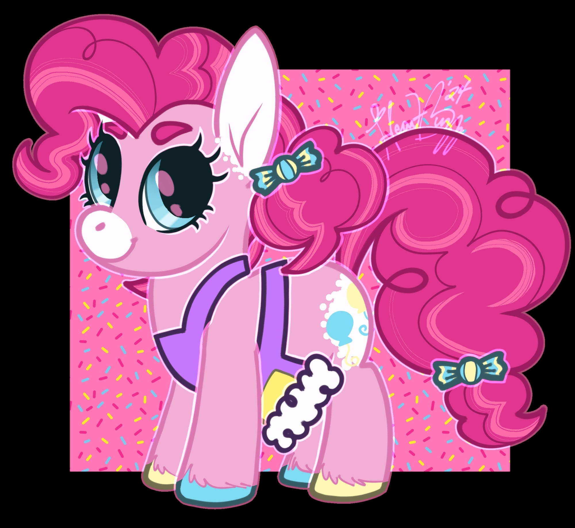 a redesign of Pinkie Pie from My Little Pony: Friendship Is Magic. she is short and chubby, with somewhat tall ears and rounded features. her hair is deep pink with lighter pink streaks, and very curly. she's wearing pigtails and her hair ties feature little blue and yellow candy pieces. she sports white markings on her rump, ears, and nose. her hooves are painted the same yellow and blue as her cutie mark. she's wearing a purple apron with a yellow pocket and a fluffy bottom trim. the background is pink with sprinkles with pink, yellow, and blue.