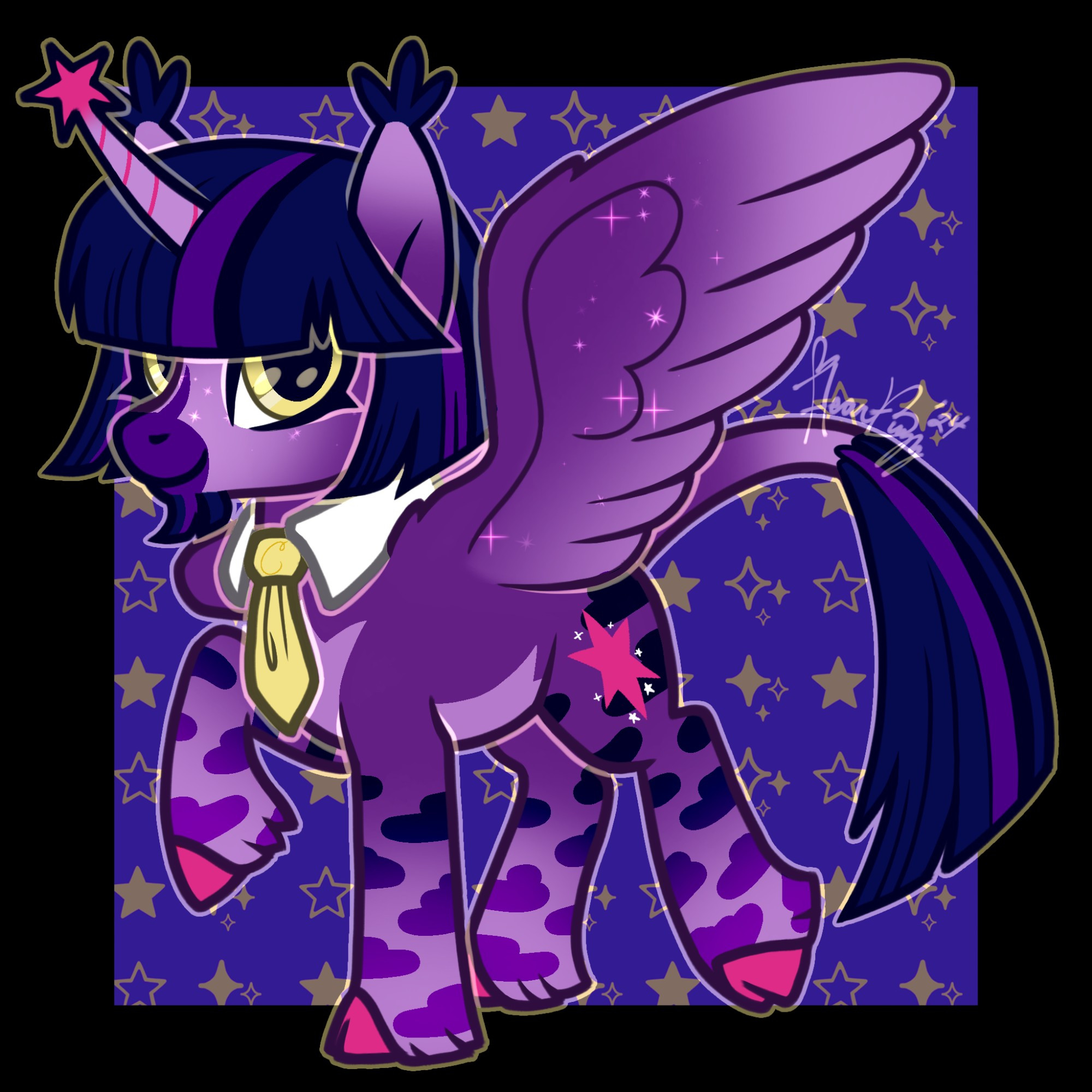 a colorful redesign of Princess Twilight Sparkle, from My Little Pony: Friendship Is Magic. her coat is a dark purple with a lighter purple gradient on her legs, muzzle, ears, and tail. her legs have dark clouds on them, the underside of her wings and her face both have stars on them. her mane is in a short, symmetrical bob with streaks of dark purple and black, and it covers her brows. her tail is long like a traditional unicorn, with the hair being just as long as the tail itself. it creates the same arc shape or has in the show. she sports a small beard with a straight edge, similar to her hair. her eyes are pale yellow and heavily lined. her ears are tufted with three soft spikes that resemble the top of her cutie mark. her horn is longer, slightly curved, and topped with a  magenta six pointed star, like her cutie mark. her cloven hooves are magenta as well. she is wearing a small white shirt-collar with a pale yellow tie. the tie has a cursive C embroidered on it.